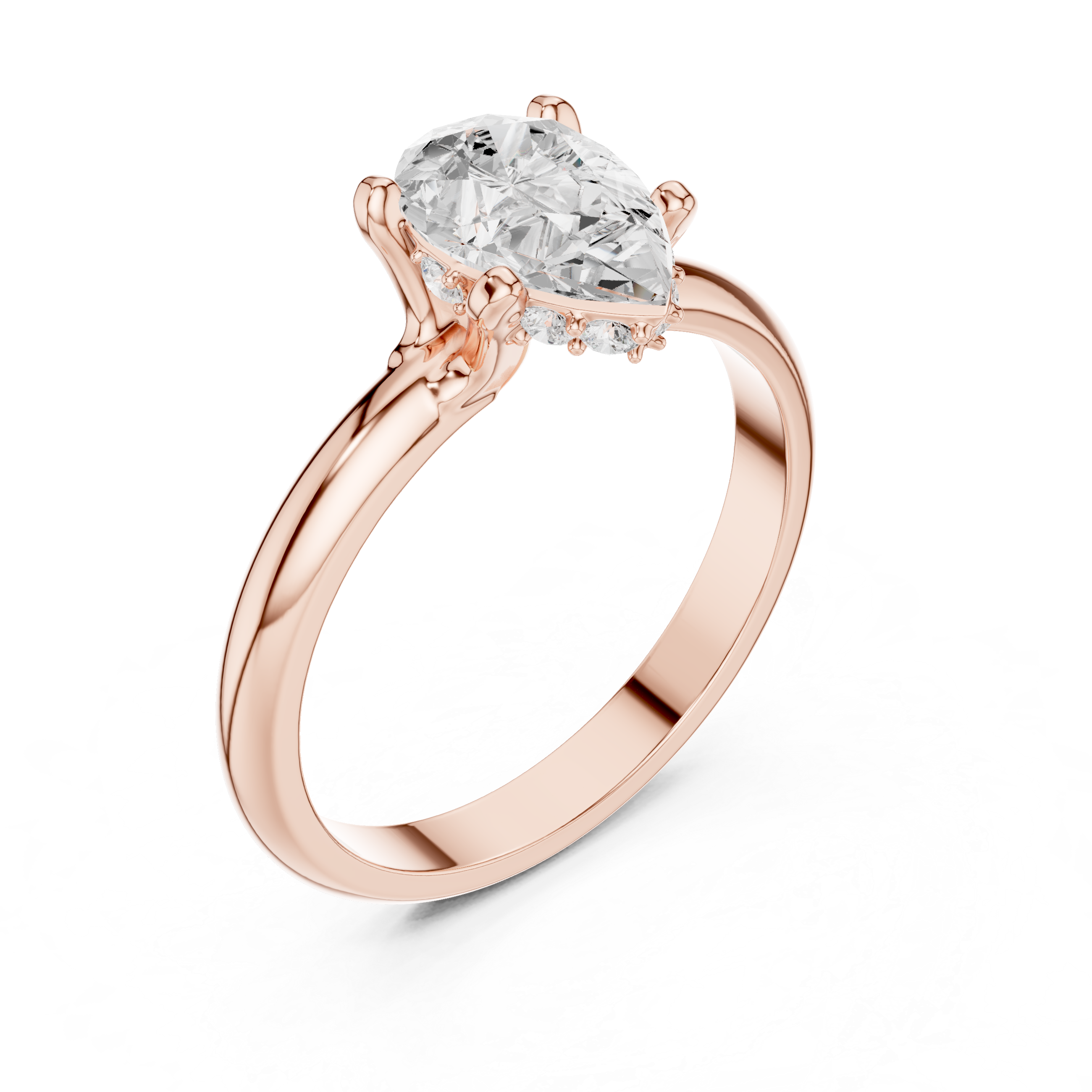Pear Cut Diamond Solitaire Ring with Unique Petal Prongs & Hidden Halo