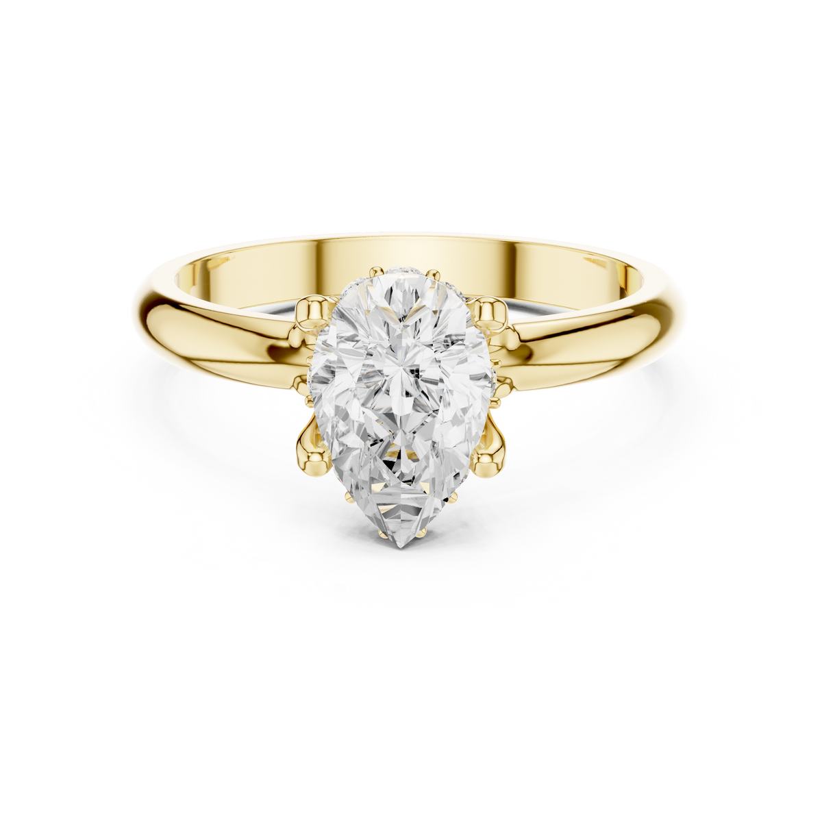 Pear Cut Diamond Solitaire Ring with Unique Petal Prongs & Hidden Halo