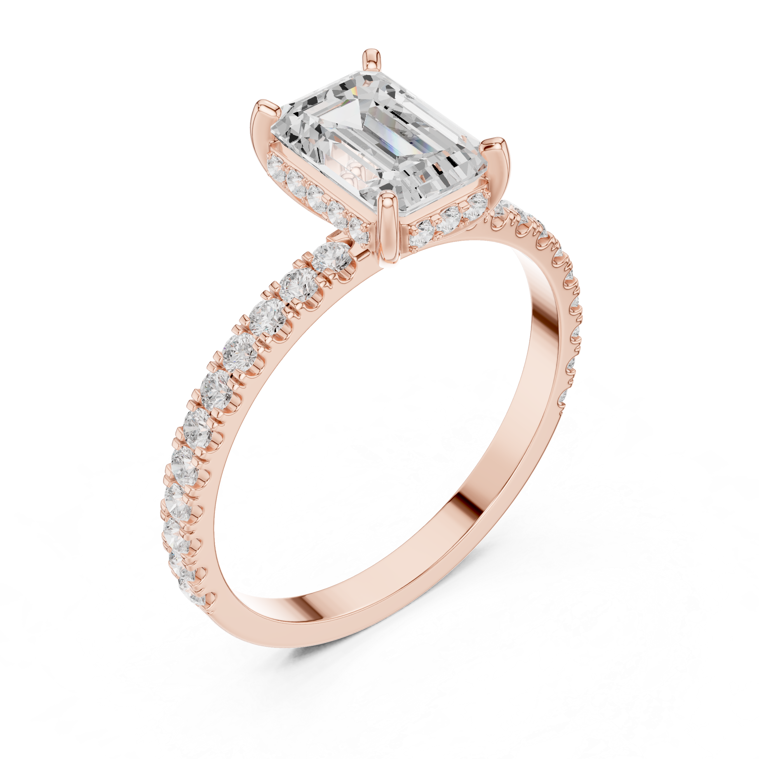 Emerald Cut Diamond Hidden Halo With Double Prong Set Engagement Ring
