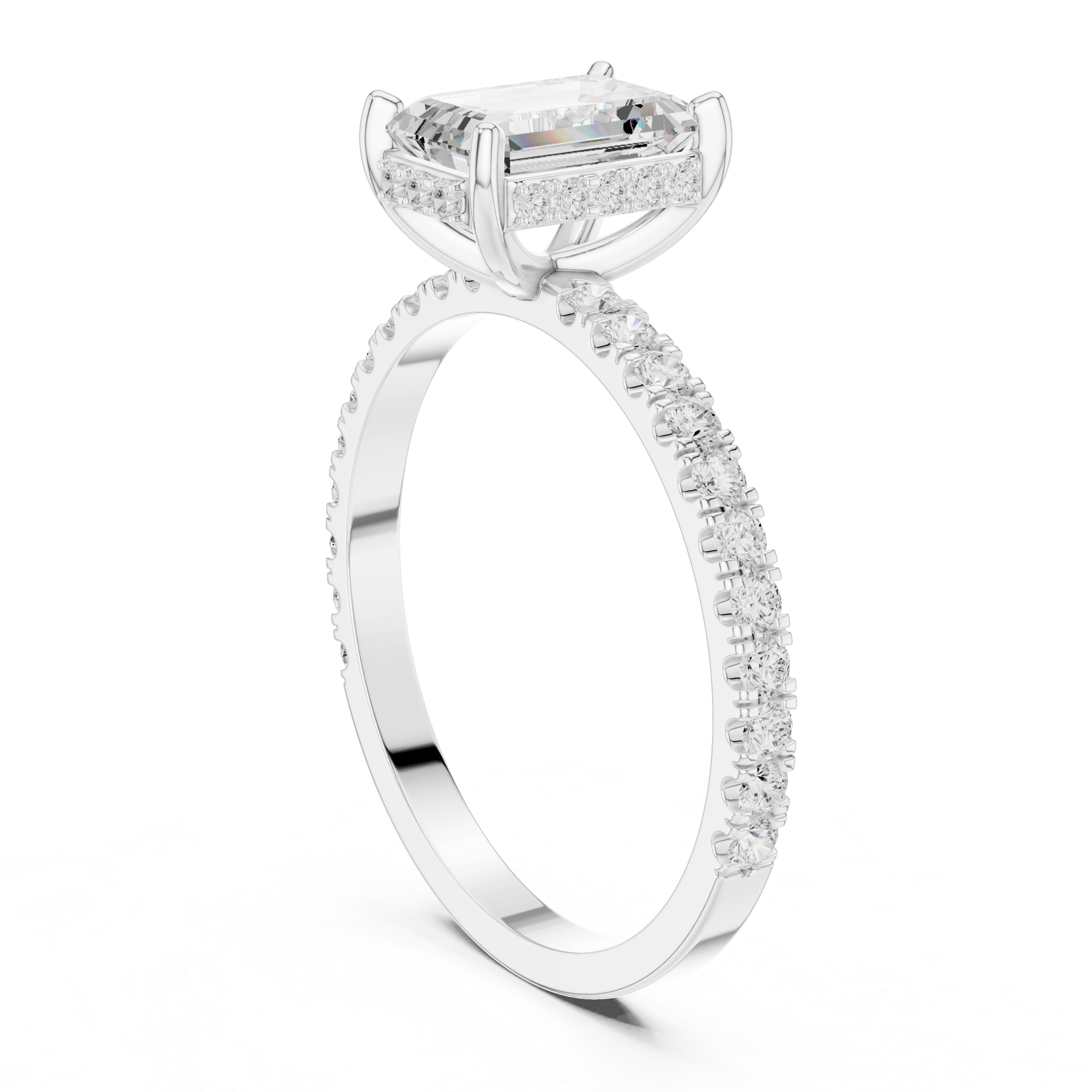 Emerald Cut Diamond Hidden Halo With Double Prong Set Engagement Ring