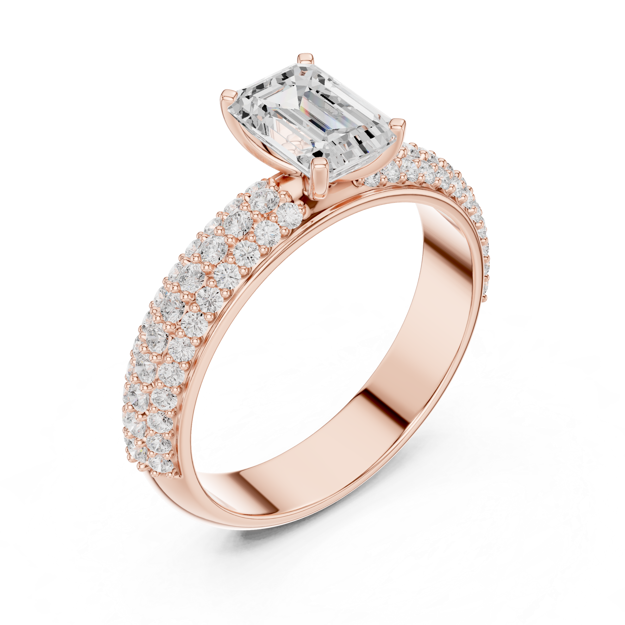 Three Row Micro Pave Emerald Cut Lab Diamond Ring