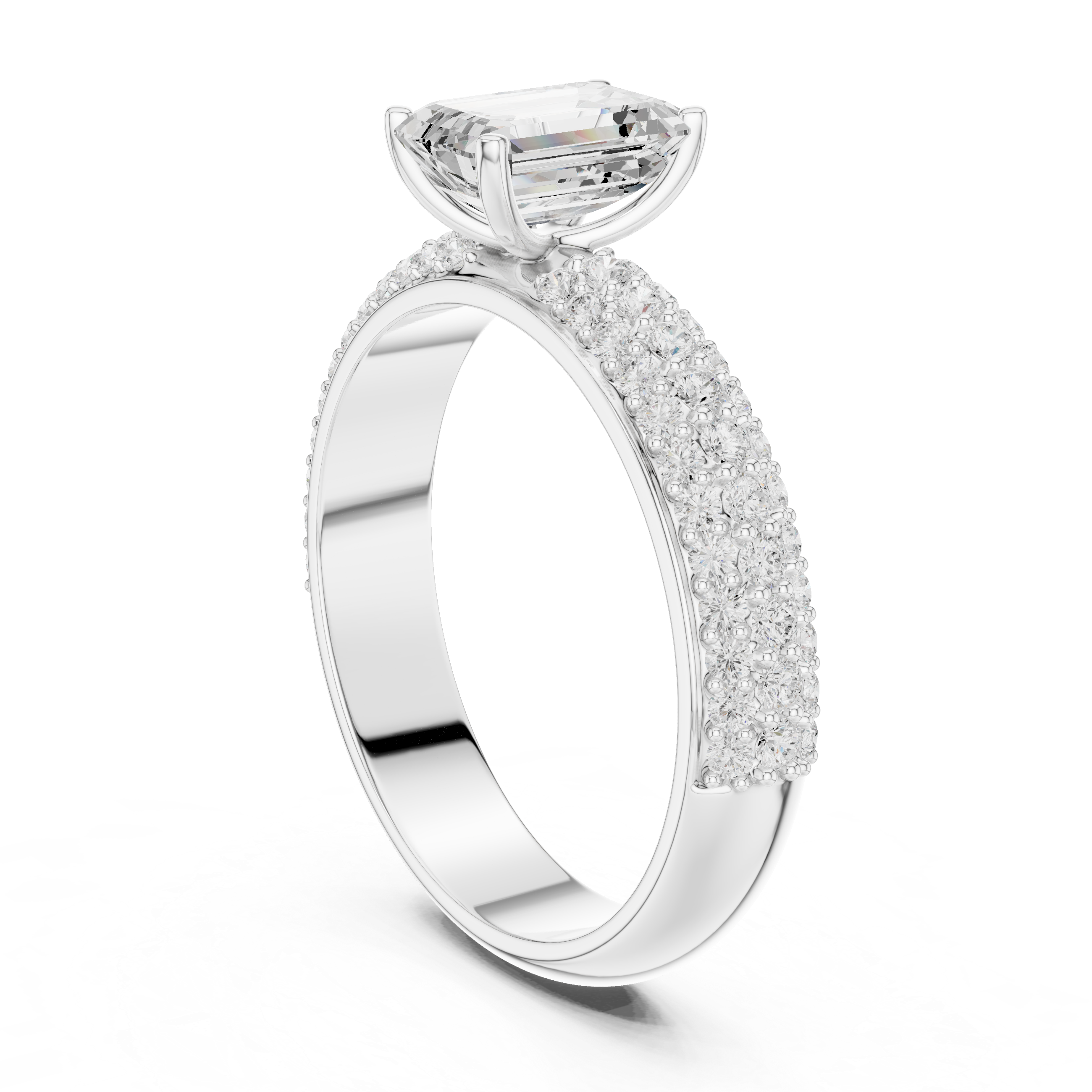 Three Row Micro Pave Emerald Cut Lab Diamond Ring