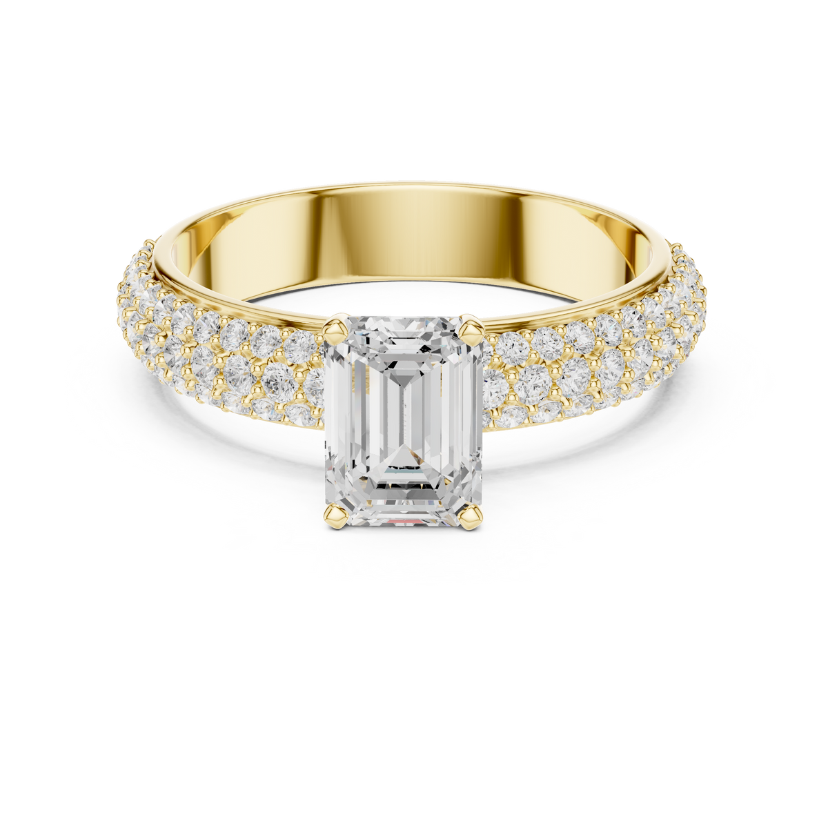 Three Row Micro Pave Emerald Cut Lab Diamond Ring