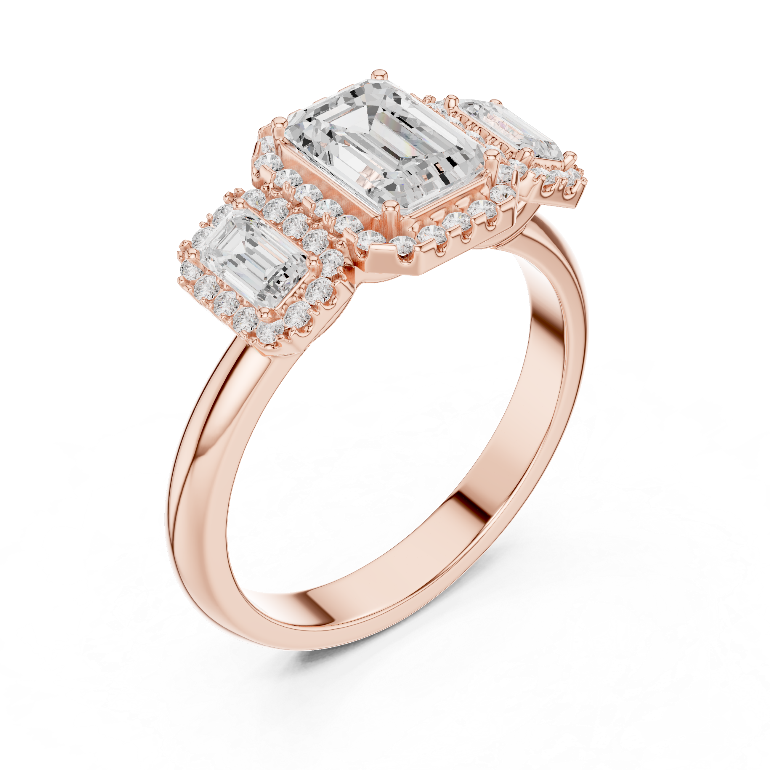Triple Emerald Cut Diamond Halo Engagement Ring