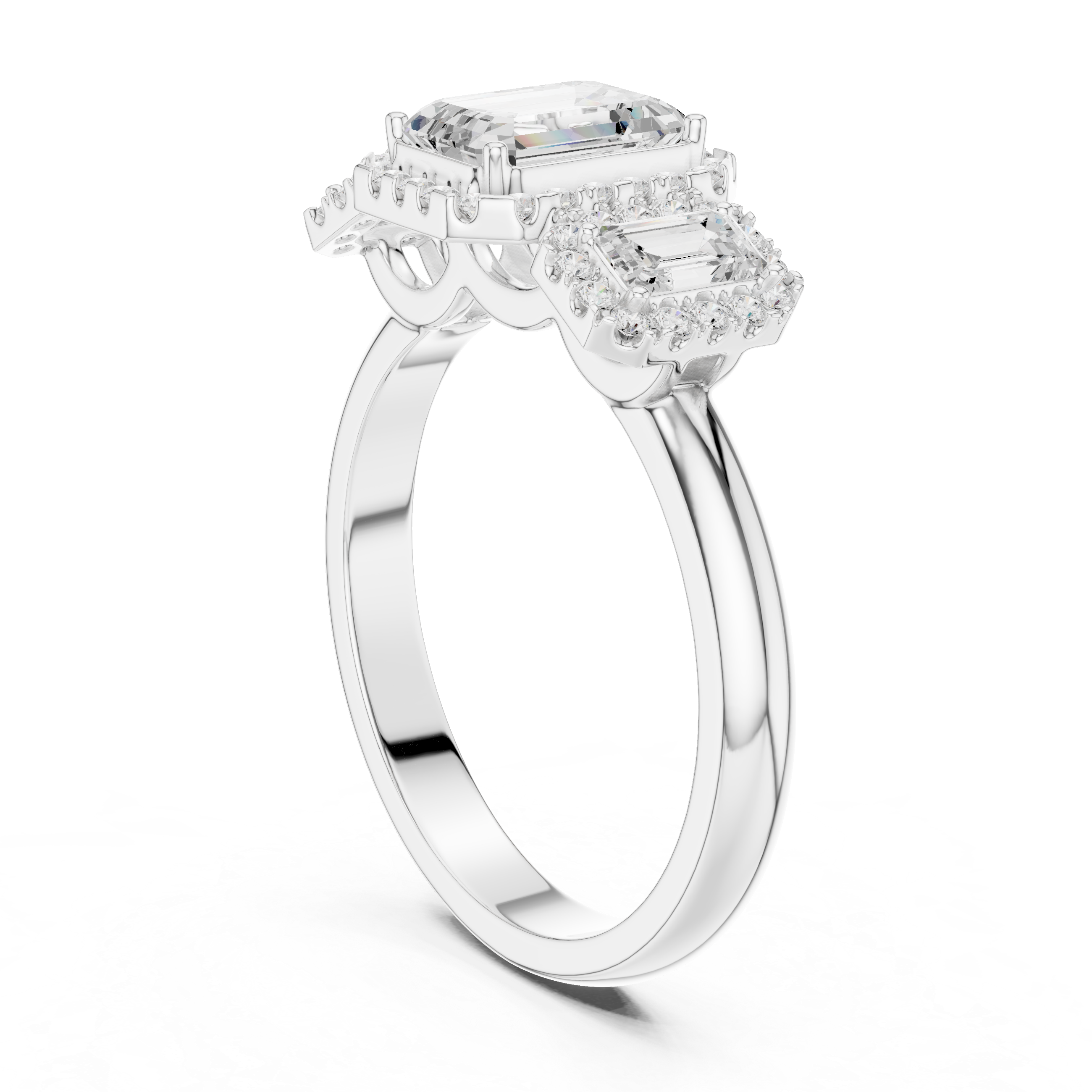 Triple Emerald Cut Diamond Halo Engagement Ring
