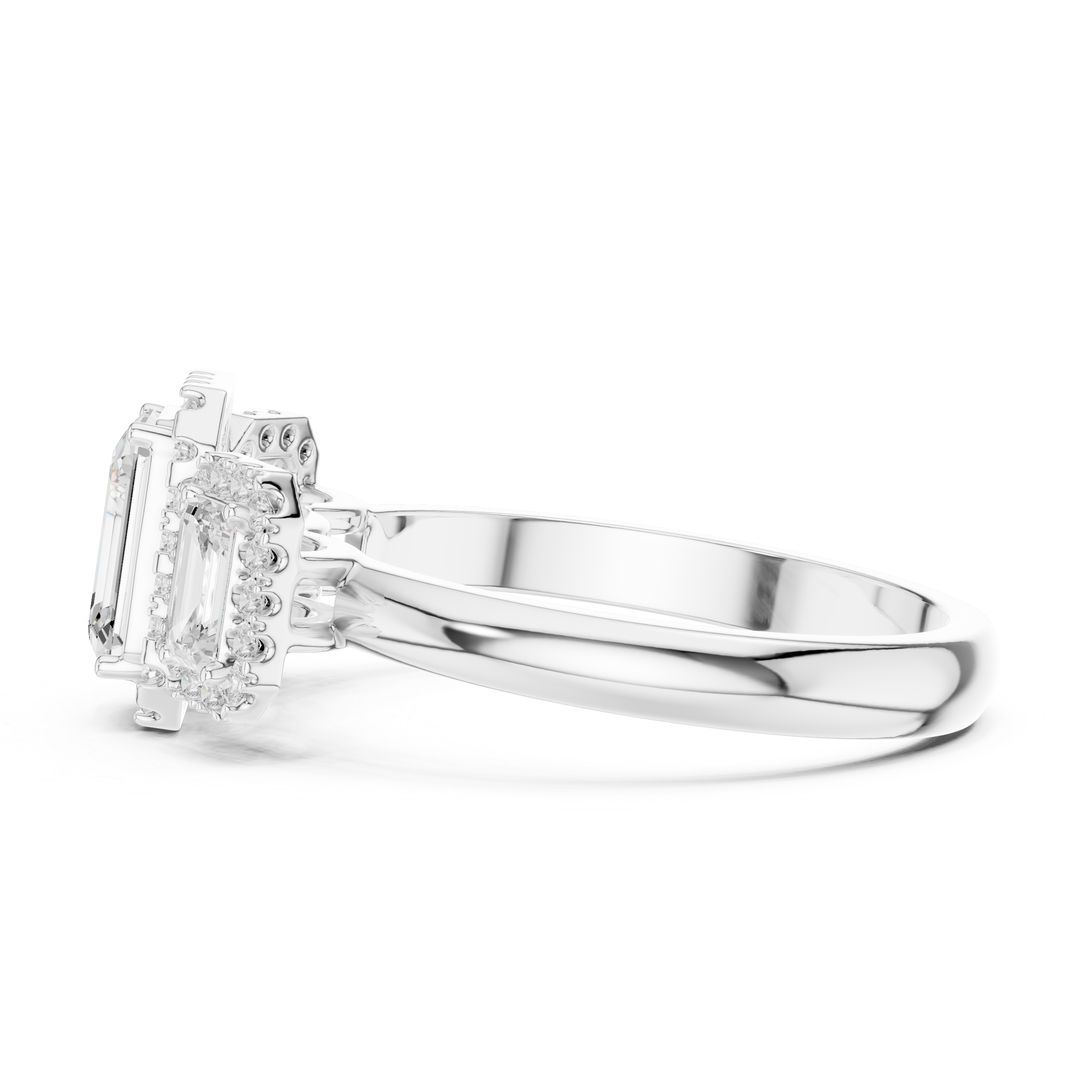 Triple Emerald Cut Diamond Halo Engagement Ring