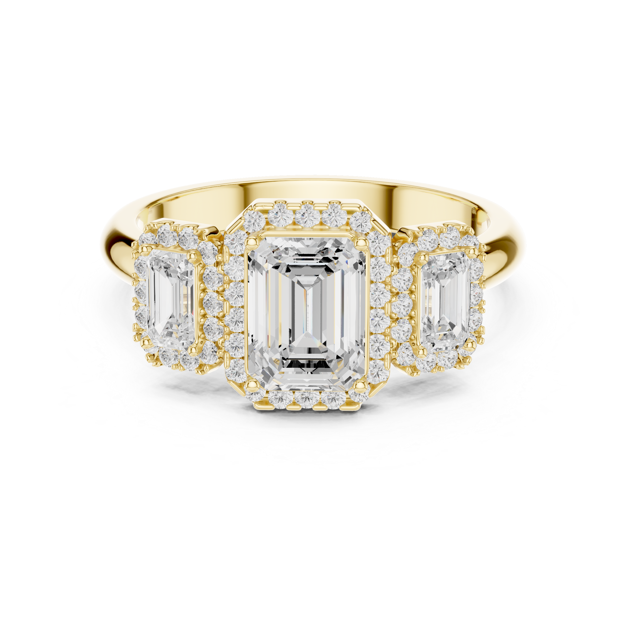 Triple Emerald Cut Diamond Halo Engagement Ring