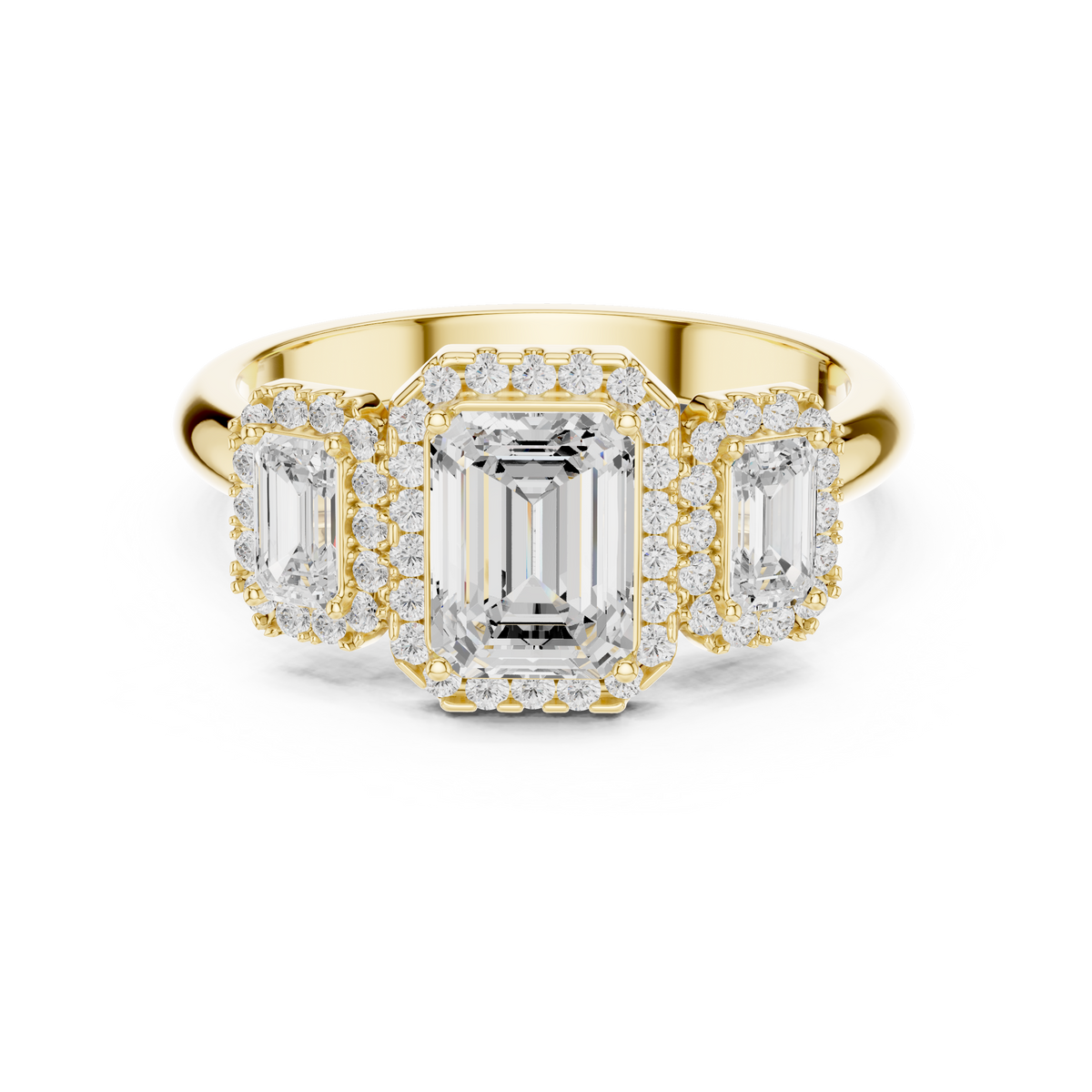 Triple Emerald Cut Diamond Halo Engagement Ring