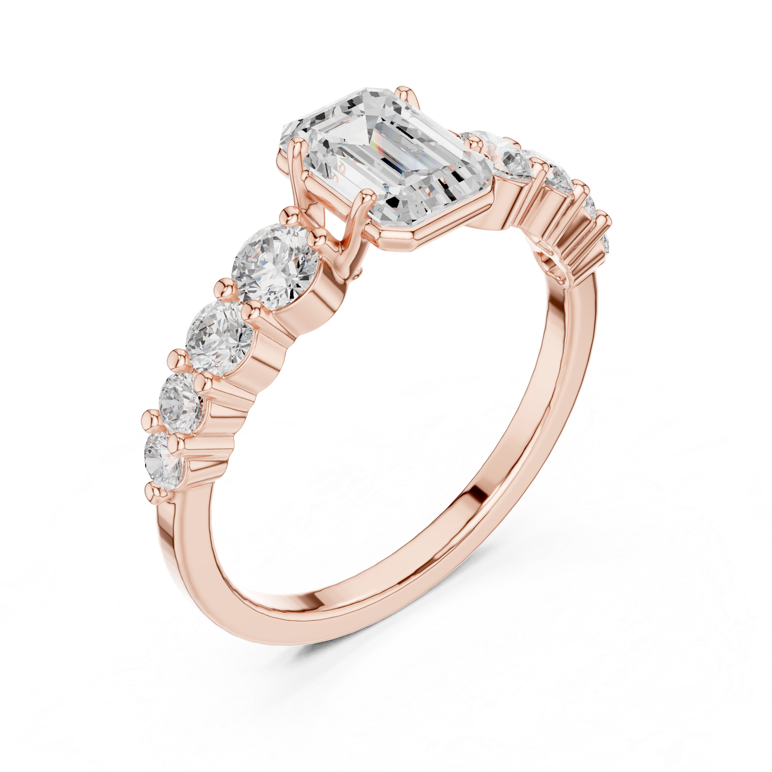 Emerald Cut Diamond with Round Bubble Prong Wedding Ring