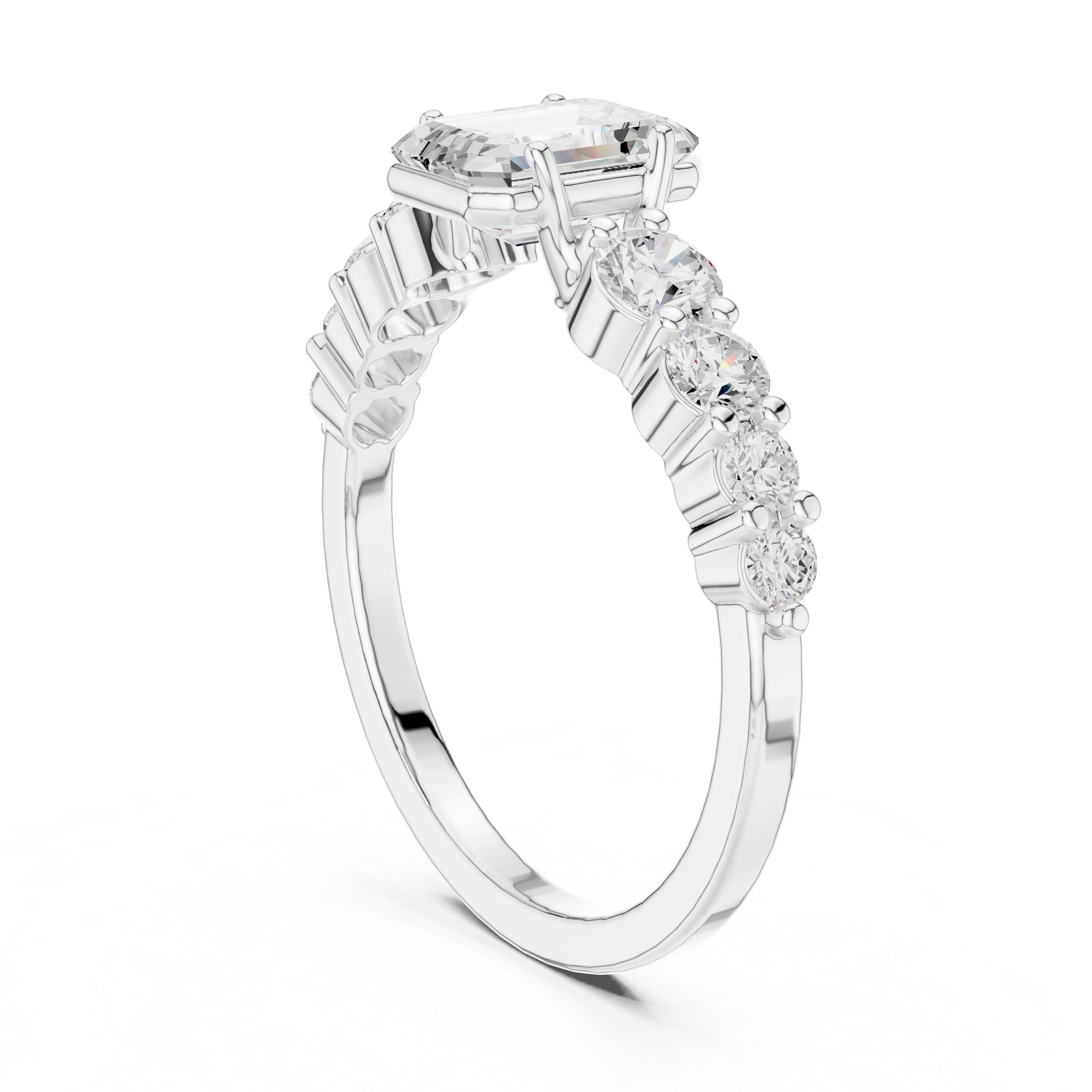 Emerald Cut Diamond with Round Bubble Prong Wedding Ring