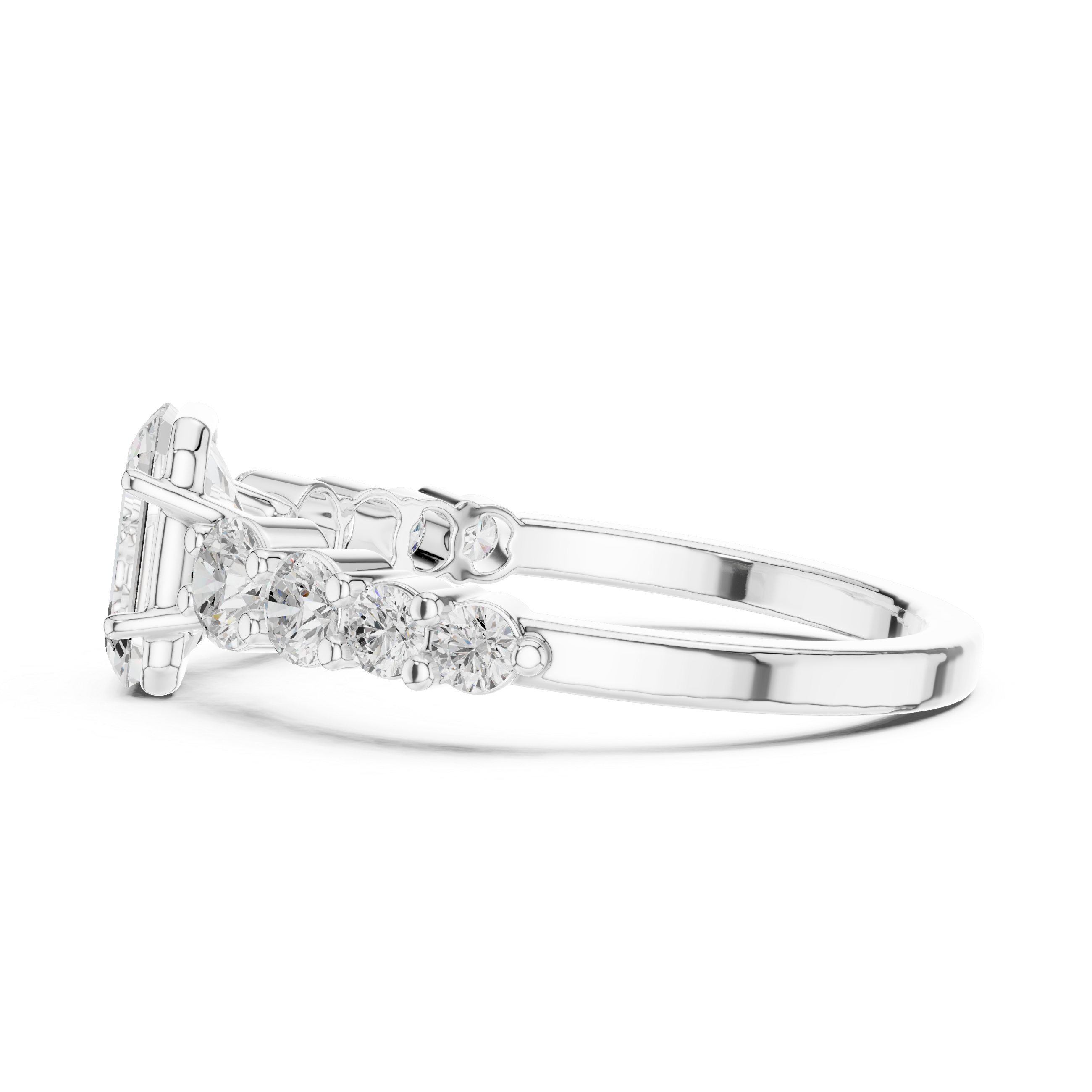 Emerald Cut Diamond with Round Bubble Prong Wedding Ring