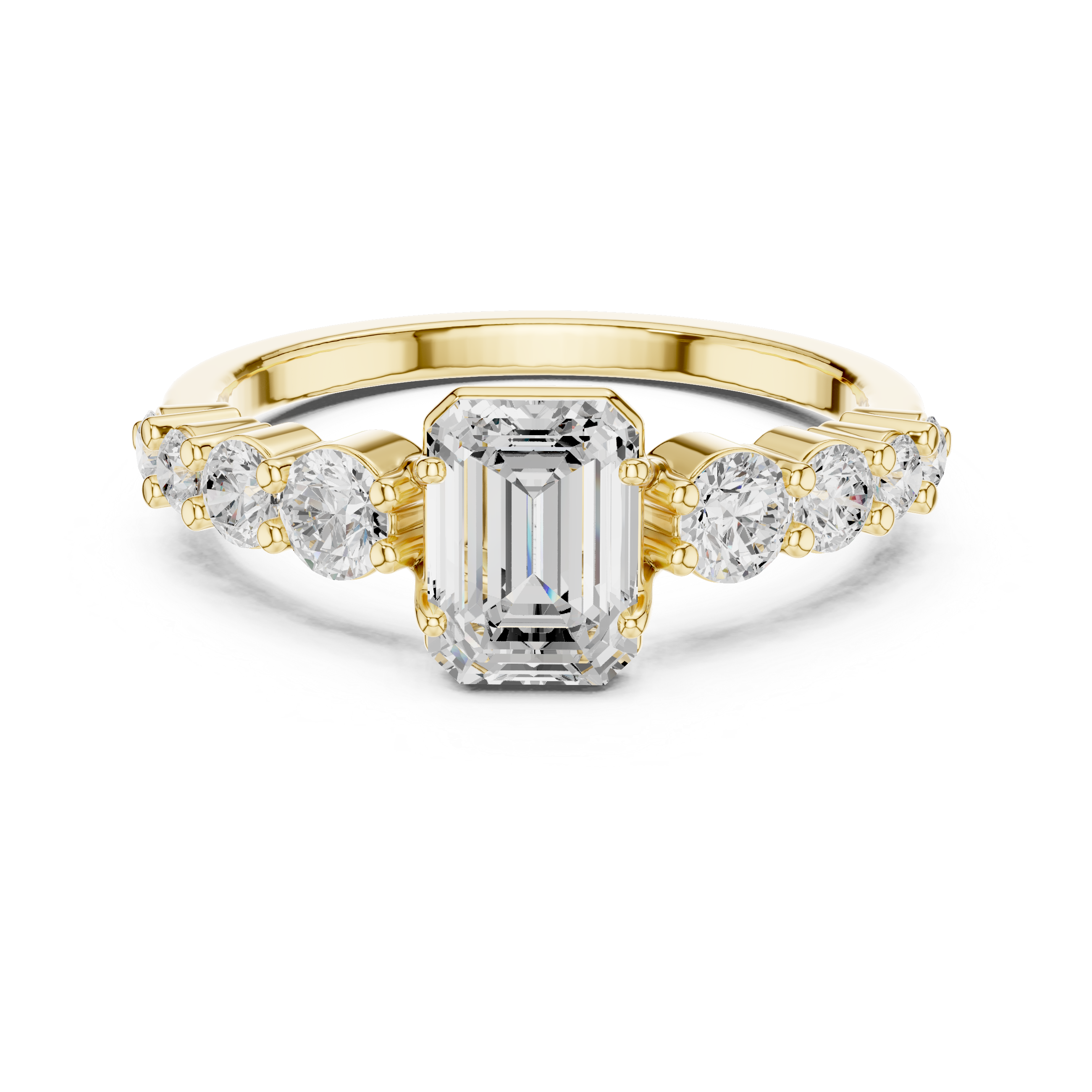 Emerald Cut Diamond with Round Bubble Prong Wedding Ring