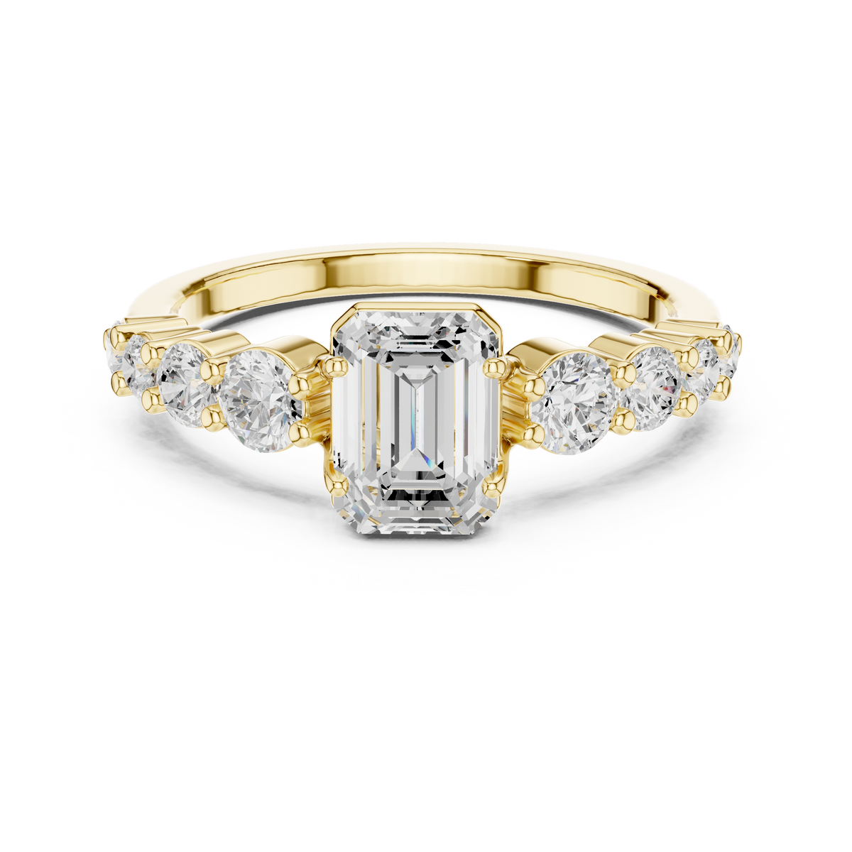 Emerald Cut Diamond with Round Bubble Prong Wedding Ring