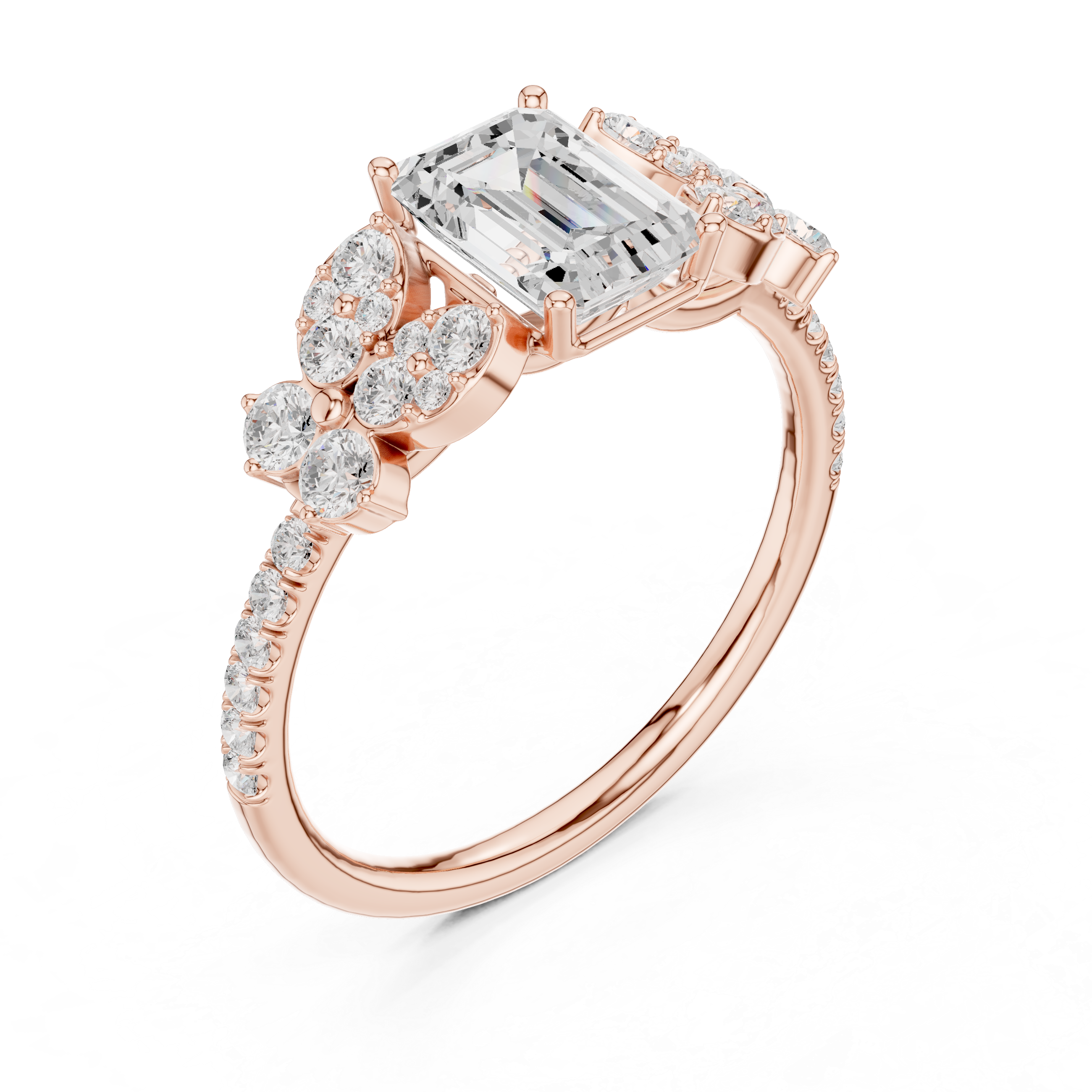 Emerald Cut Diamond Floral Cluster Accents Engagement Ring