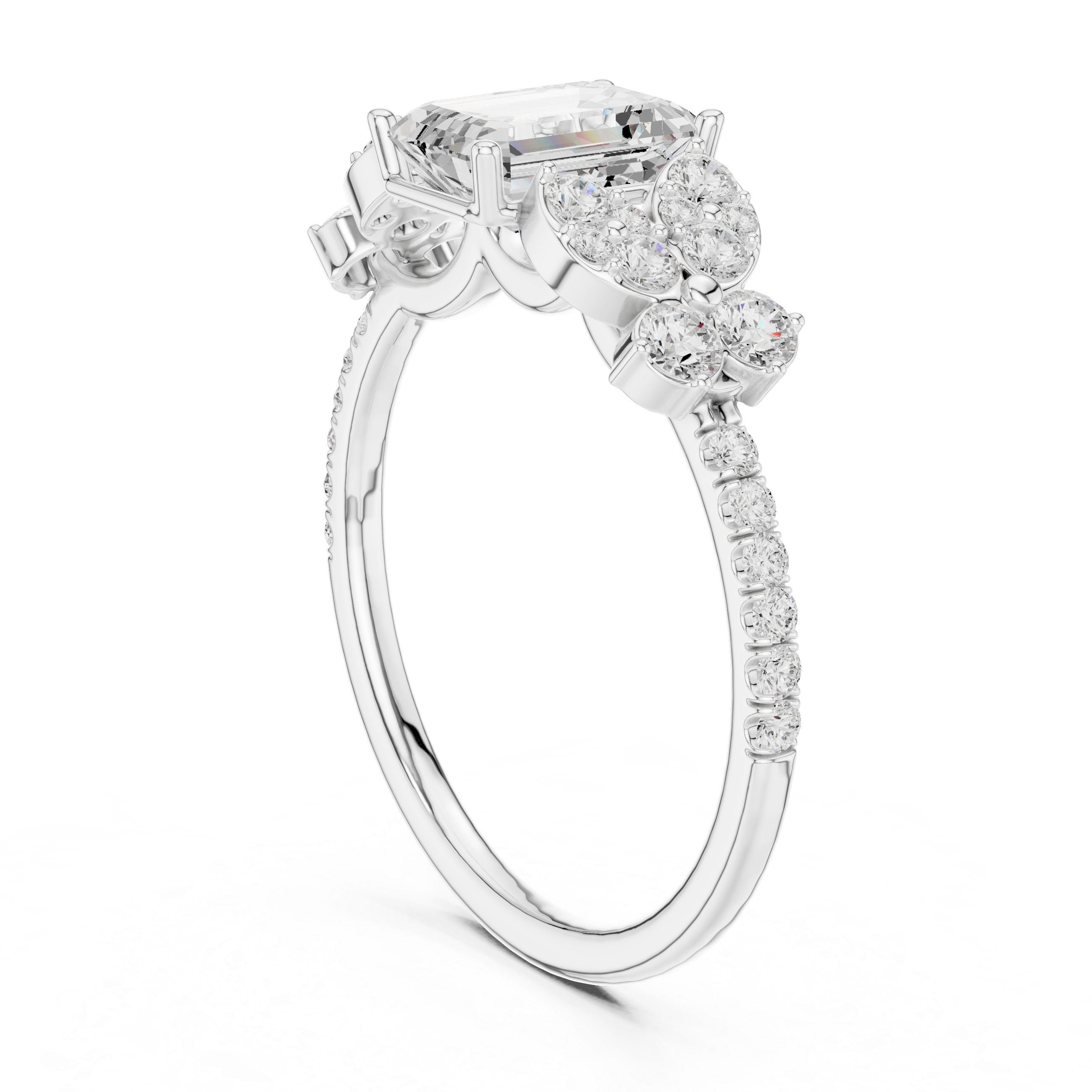 Emerald Cut Diamond Floral Cluster Accents Engagement Ring
