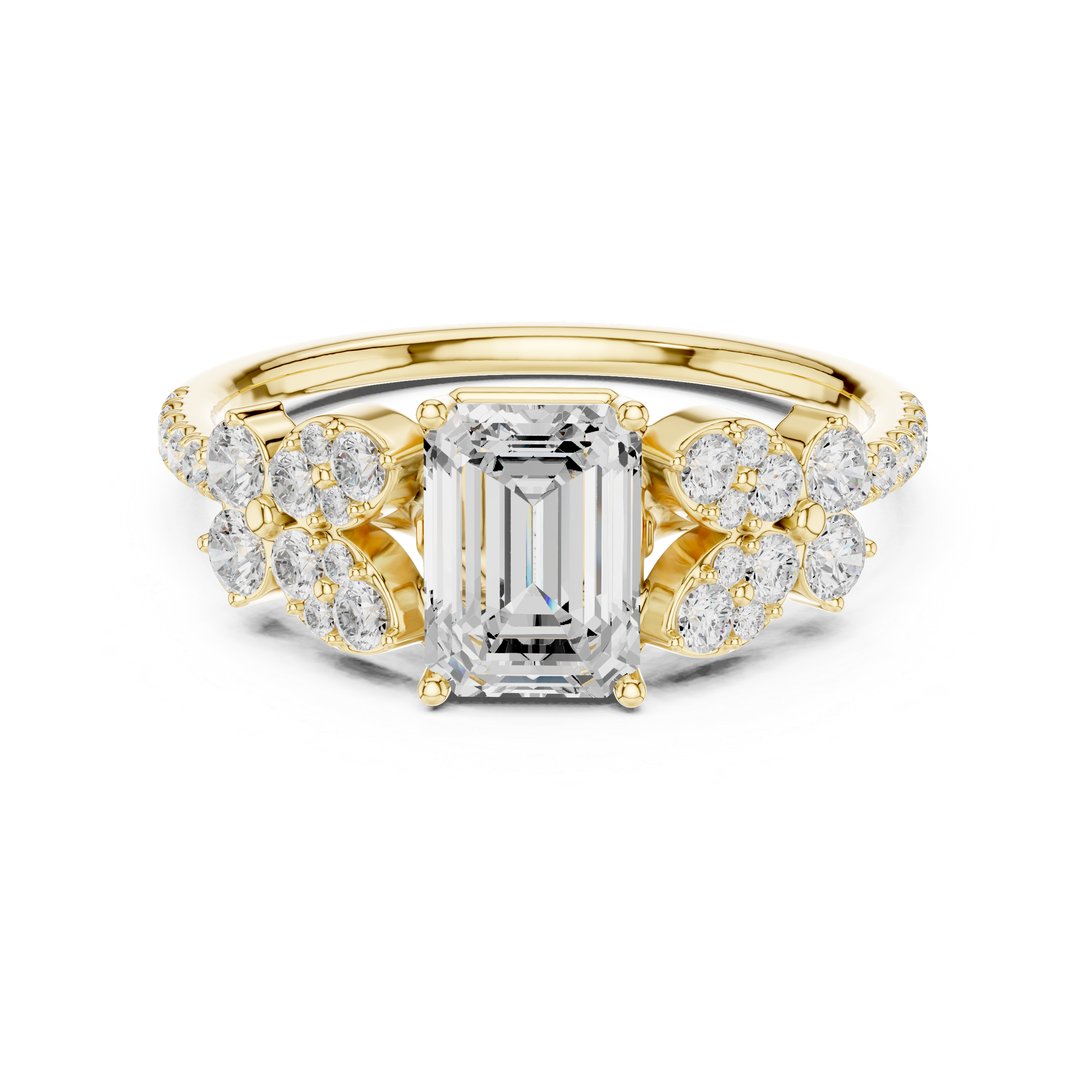 Emerald Cut Diamond Floral Cluster Accents Engagement Ring