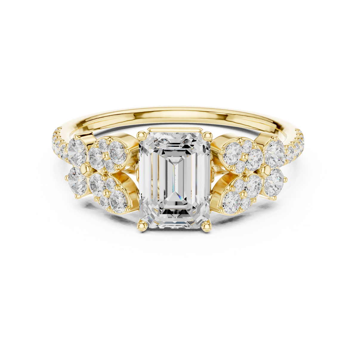 Emerald Cut Diamond Floral Cluster Accents Engagement Ring