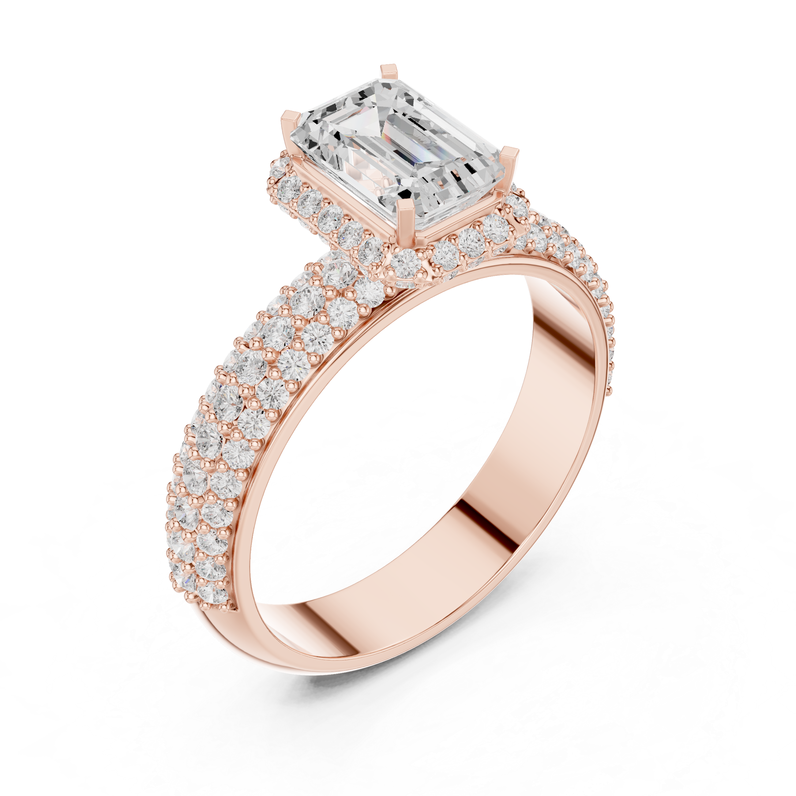 Emerald Cut Diamond Halo with Triple-Row Pavé Band Engagement Ring
