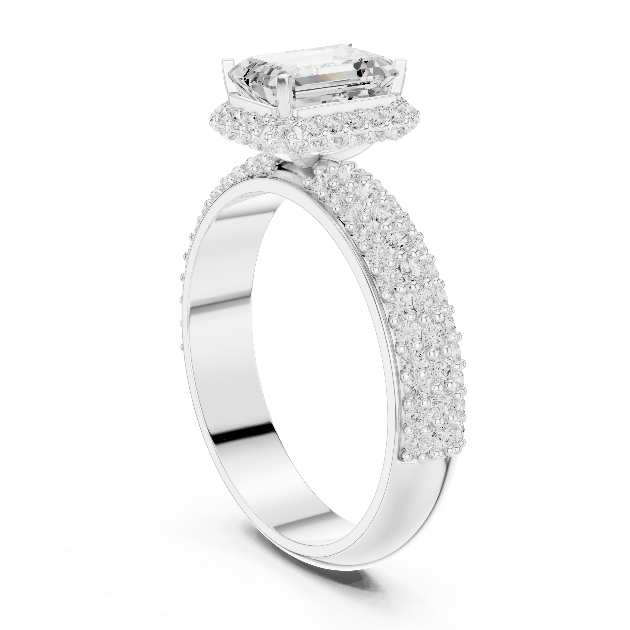 Emerald Cut Diamond Halo with Triple-Row Pavé Band Engagement Ring