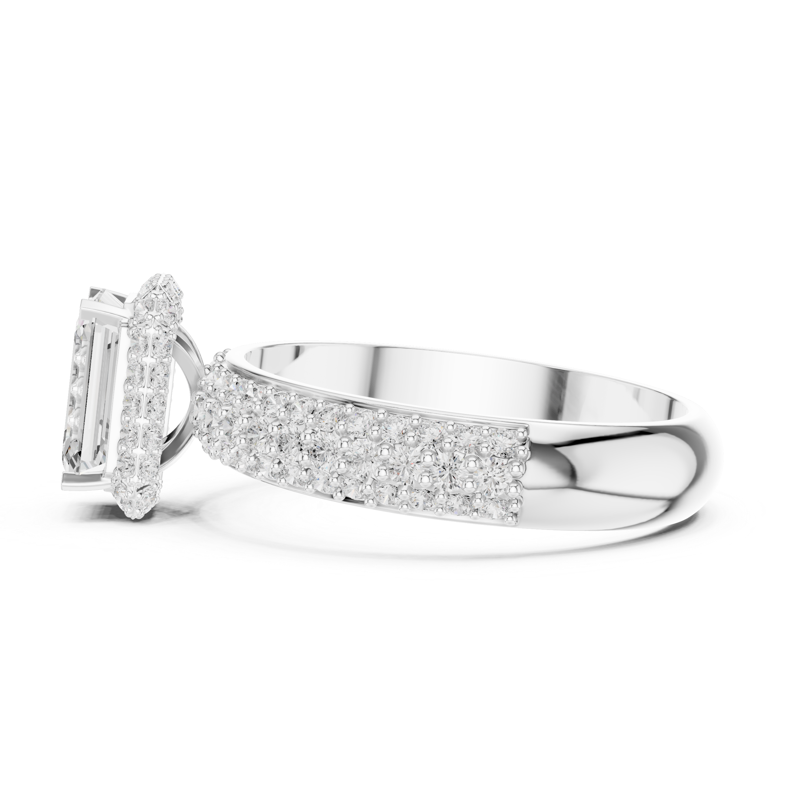 Emerald Cut Diamond Halo with Triple-Row Pavé Band Engagement Ring