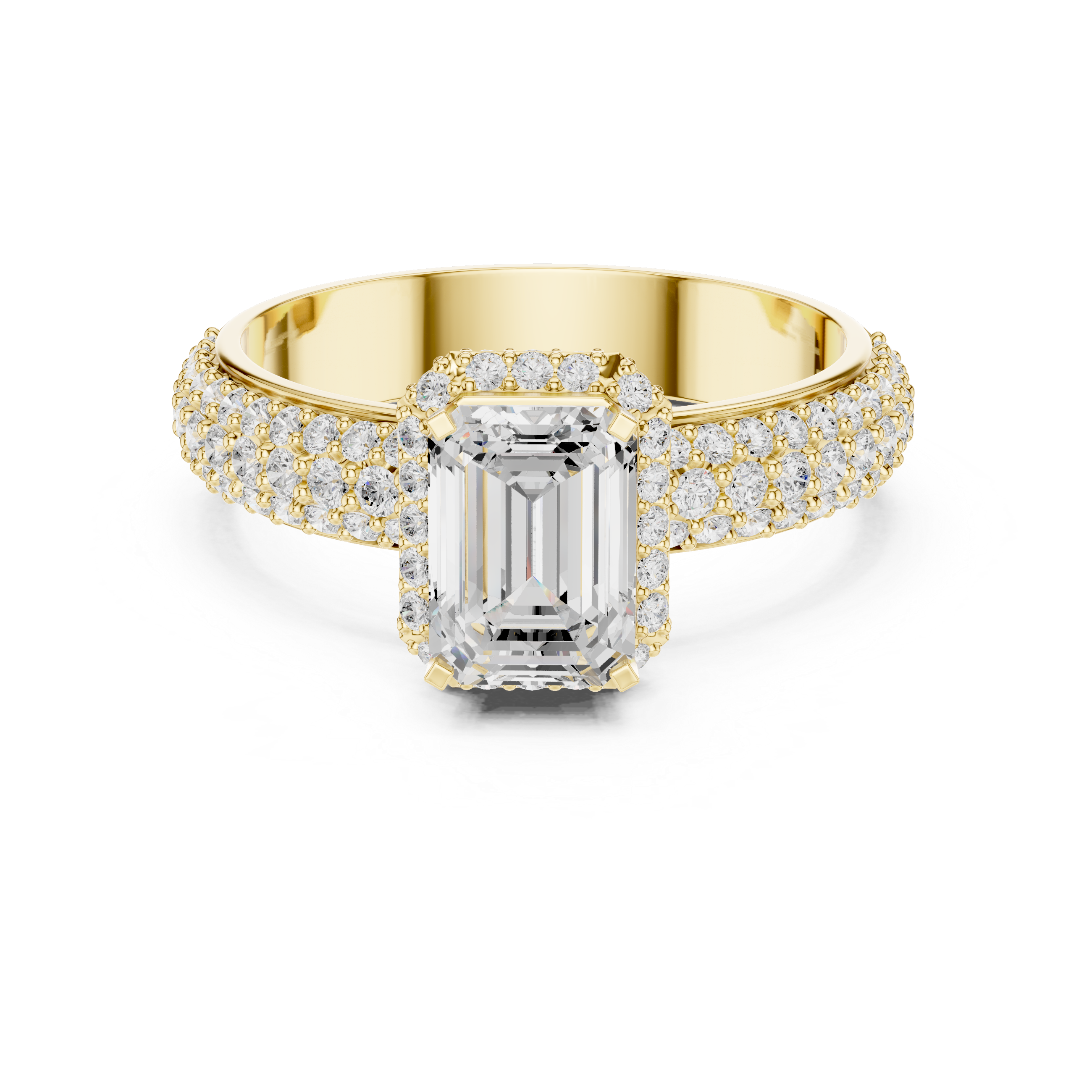 Emerald Cut Diamond Halo with Triple-Row Pavé Band Engagement Ring