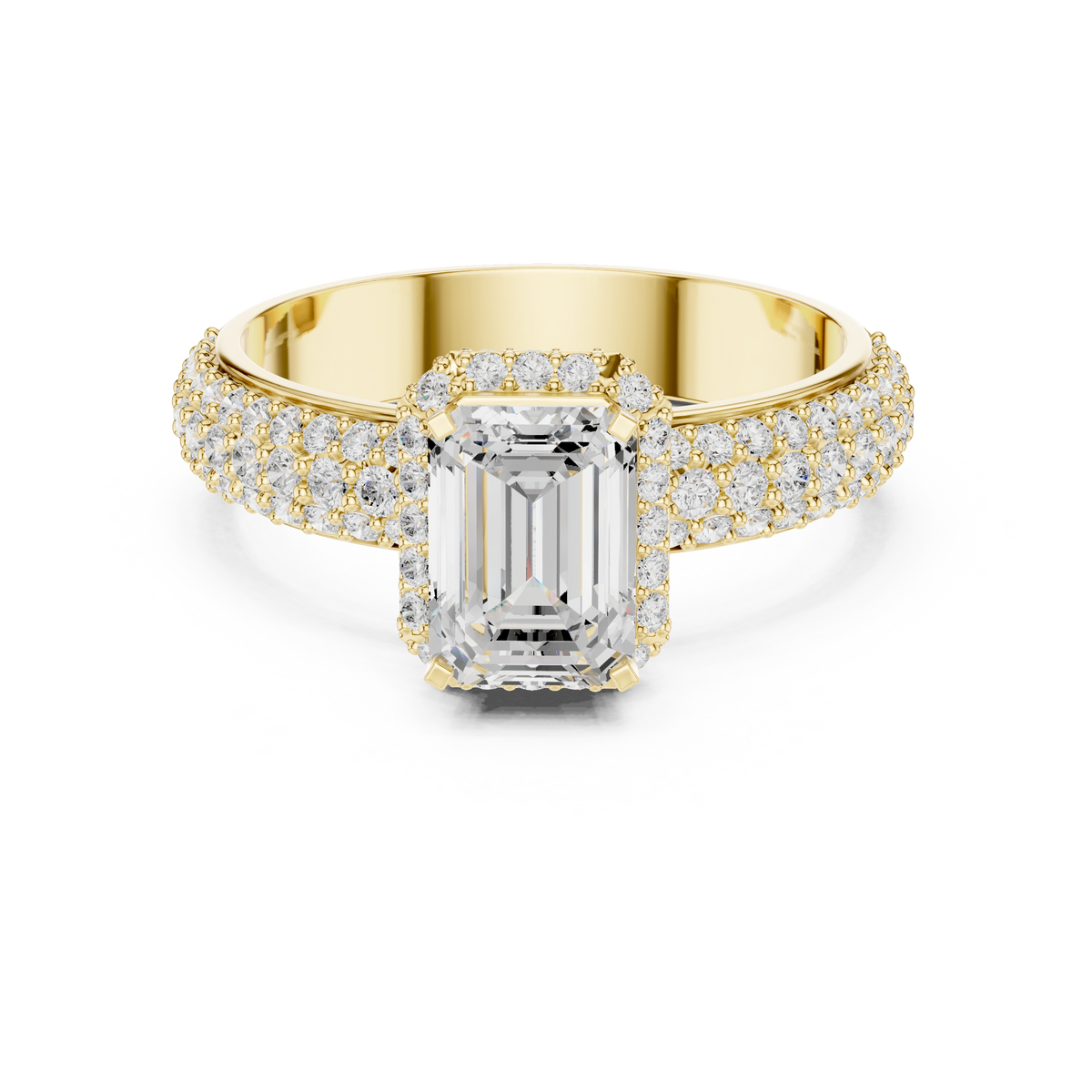 Emerald Cut Diamond Halo with Triple-Row Pavé Band Engagement Ring