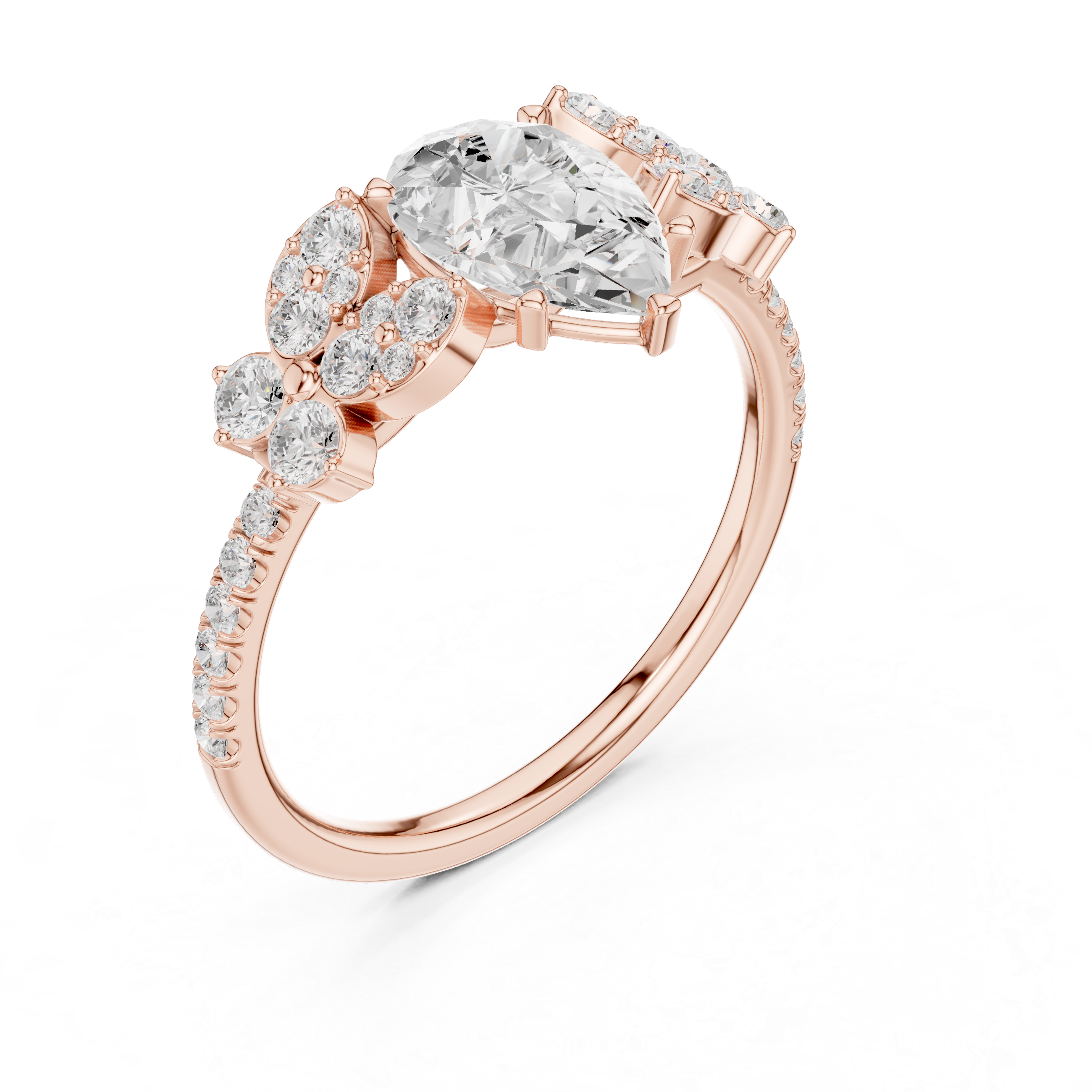 Pear Cut Diamond Floral Cluster Accents Engagement Ring