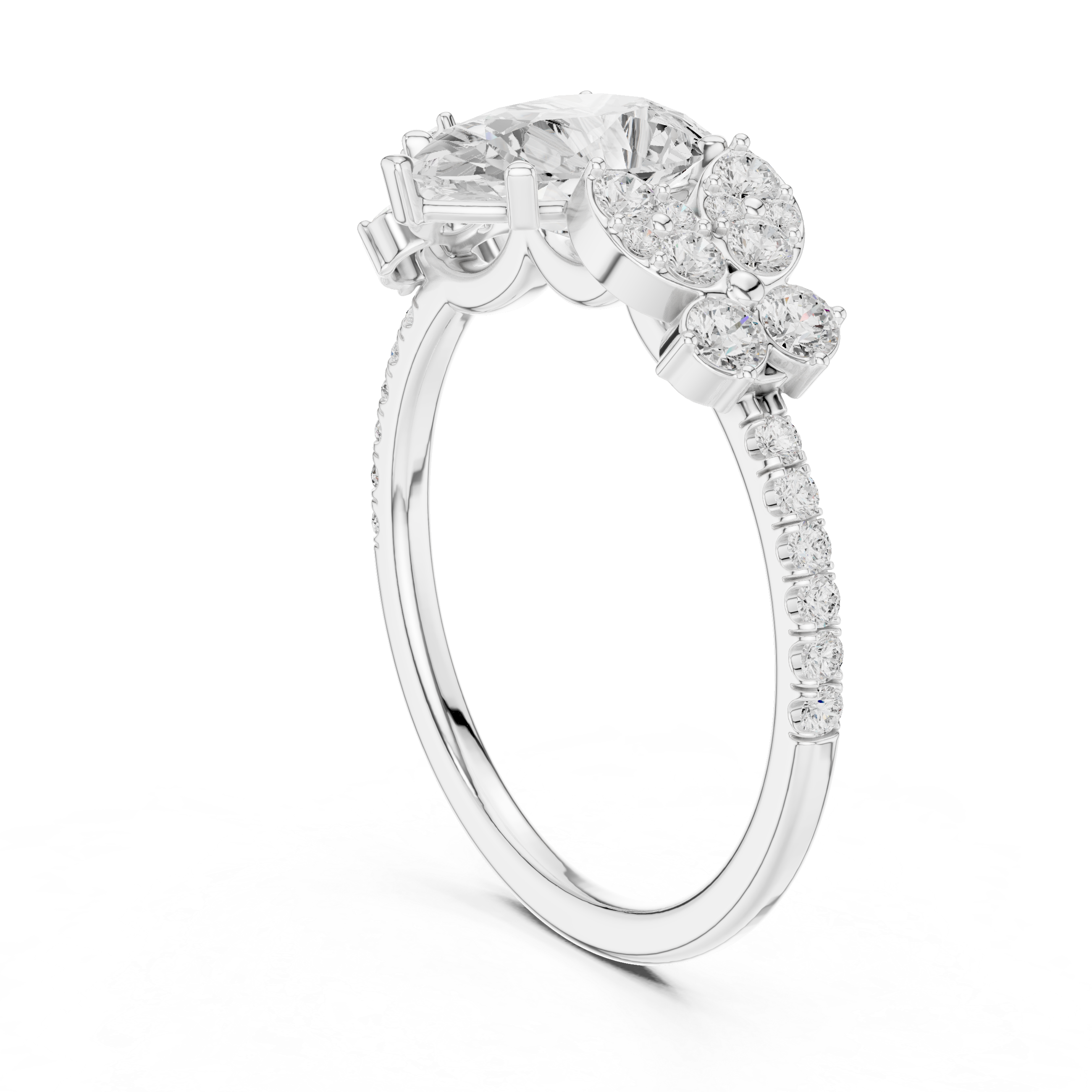 Pear Cut Diamond Floral Cluster Accents Engagement Ring