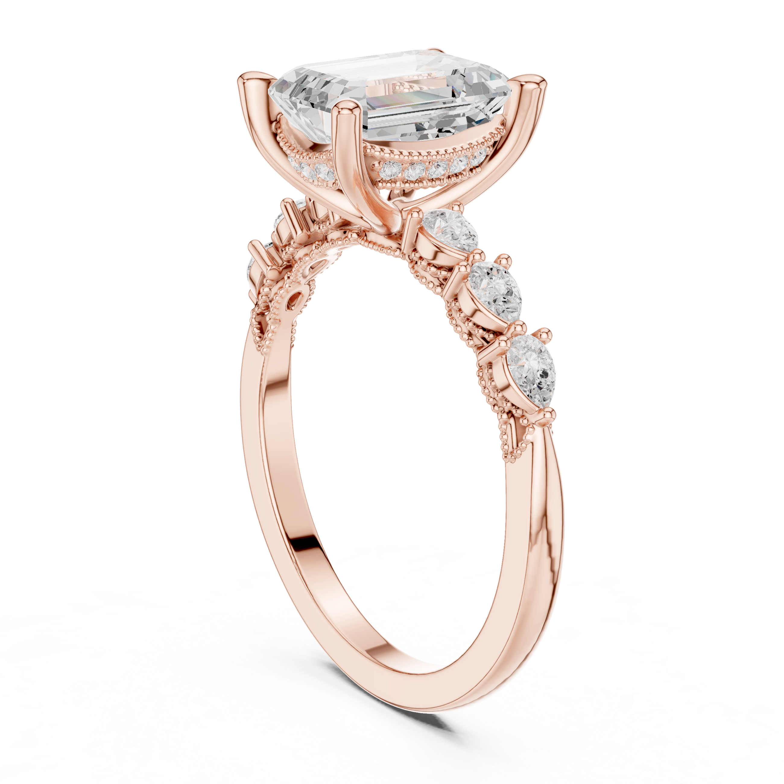 Emerald Cut Diamond Anniversary Ring With Pear Side Stone