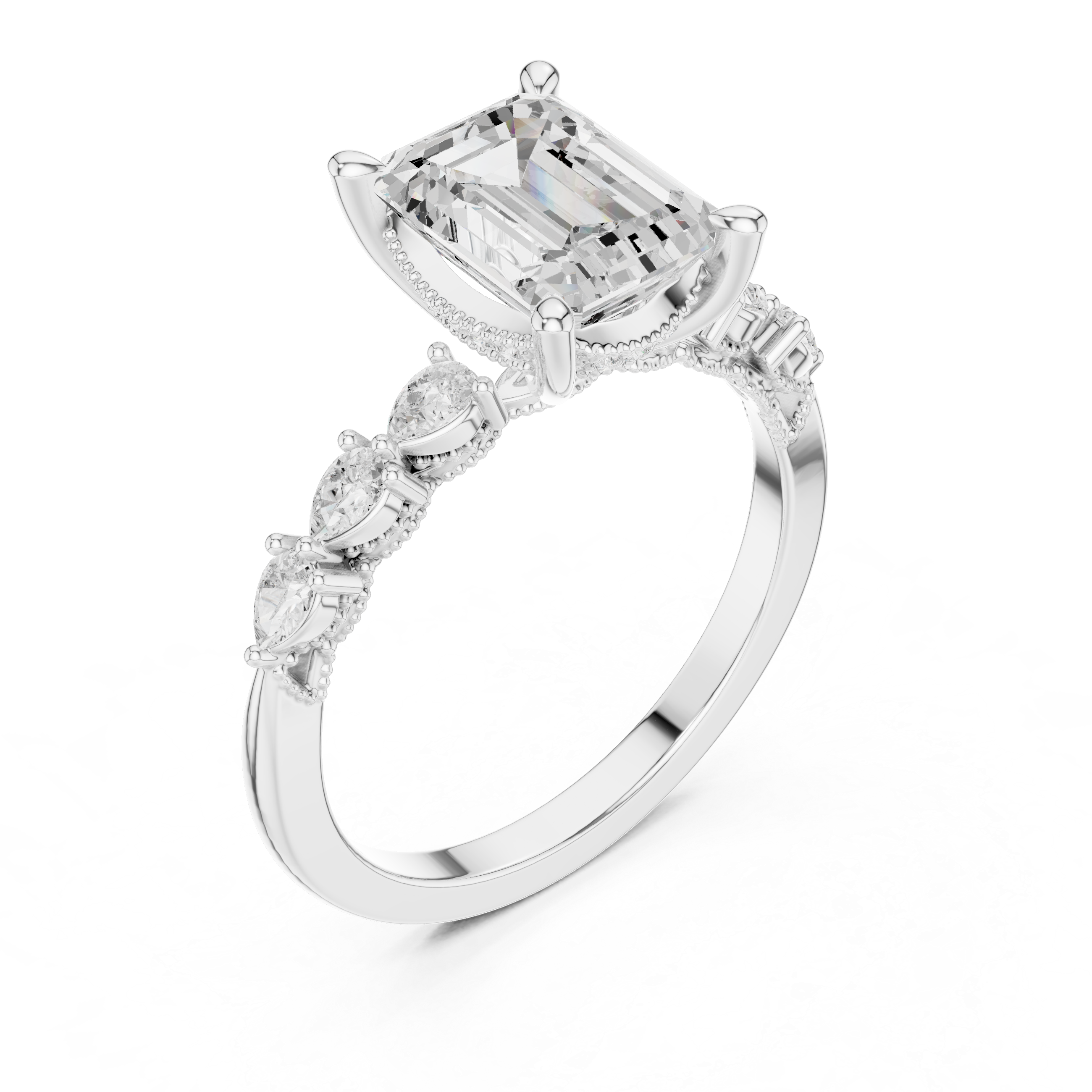 Emerald Cut Diamond Anniversary Ring With Pear Side Stone