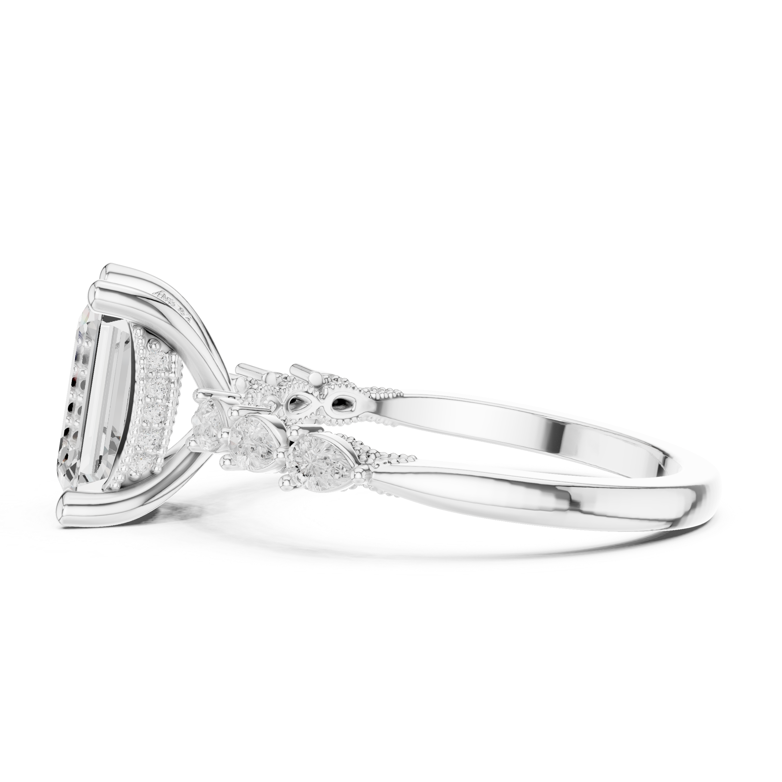 Emerald Cut Diamond Anniversary Ring With Pear Side Stone