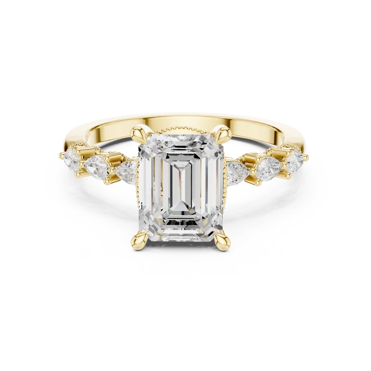 Emerald Cut Diamond Anniversary Ring With Pear Side Stone