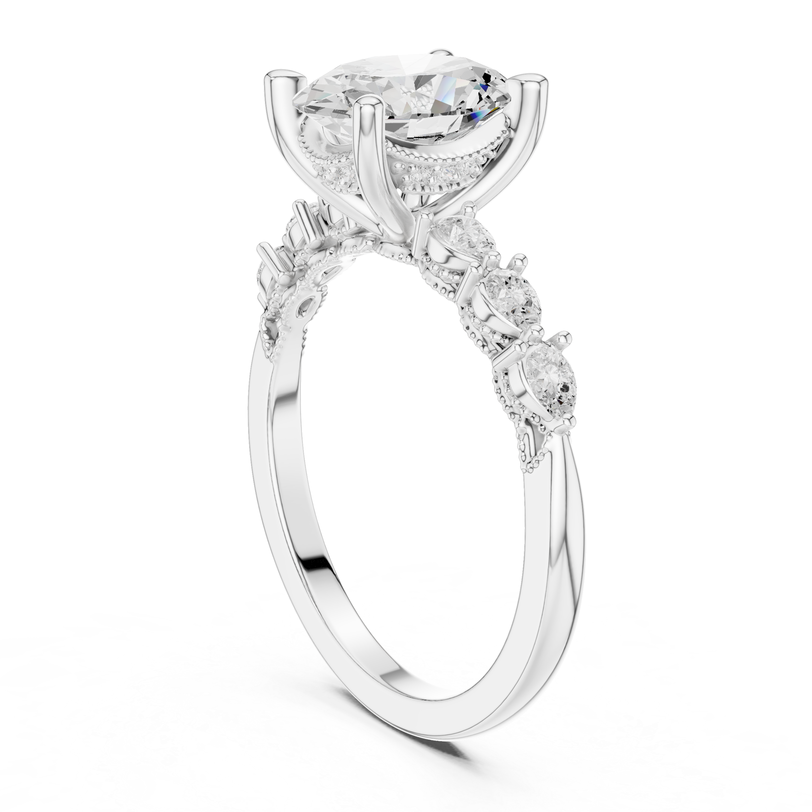 Oval Cut Diamond Anniversary Ring With Pear Side Stone
