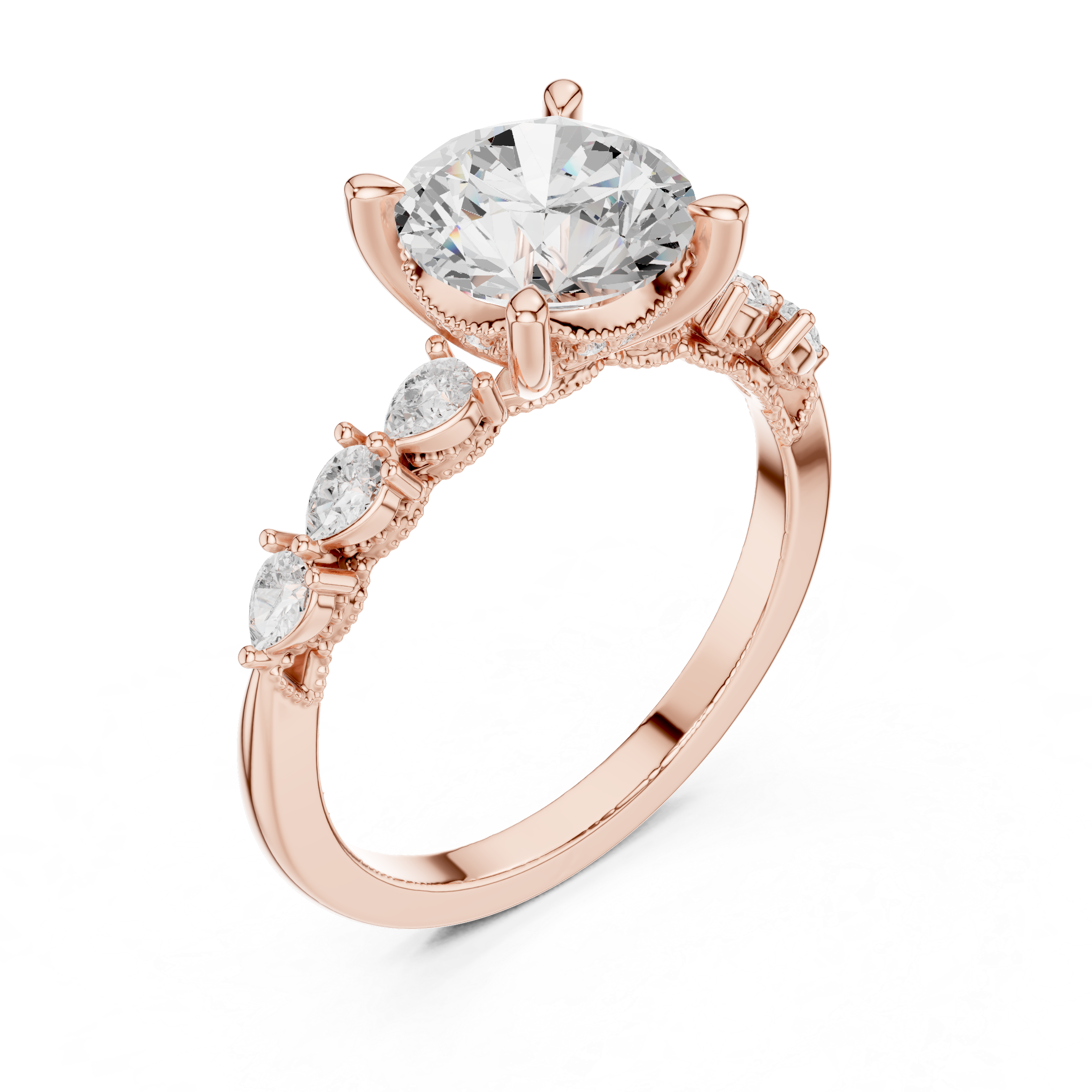 Round Cut Diamond Anniversary Ring With Pear Side Stone
