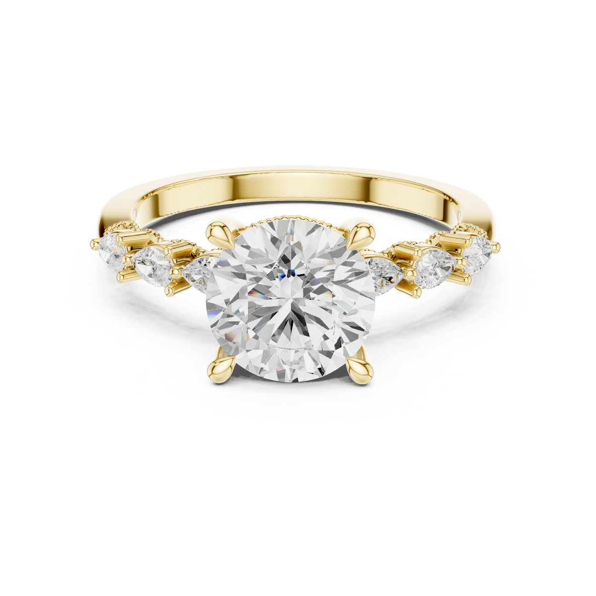 Round Cut Diamond Anniversary Ring With Pear Side Stone