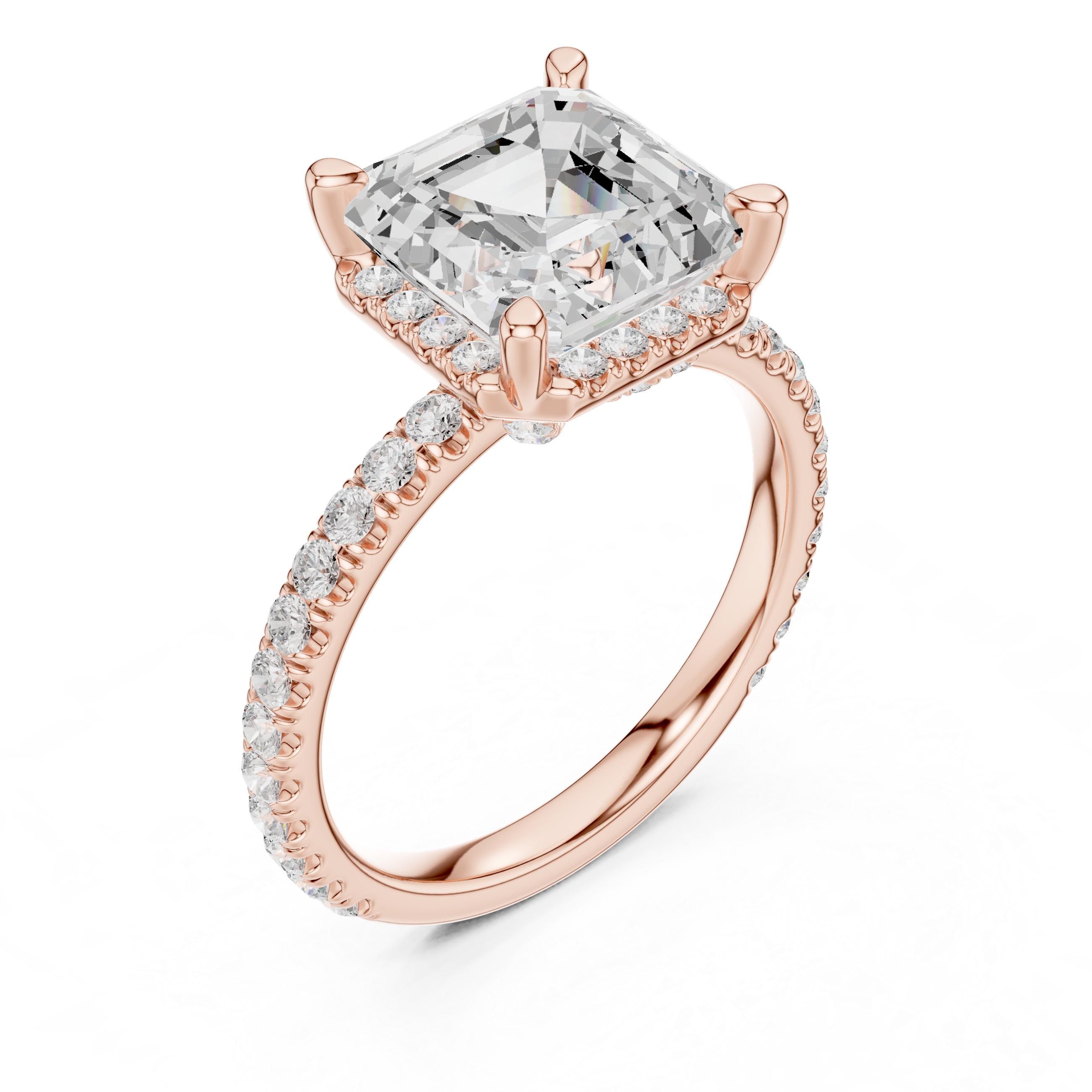 Pave Set Asscher Diamond Hidden Halo Ring