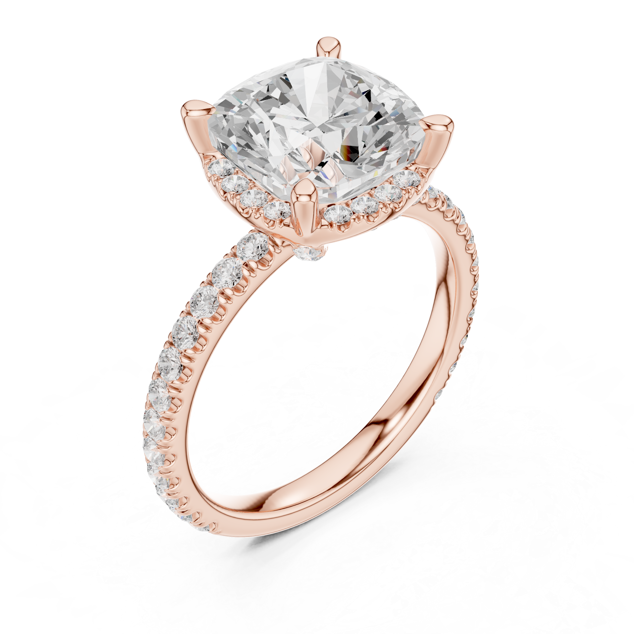 Pave Set Cushion Diamond Hidden Halo  Ring