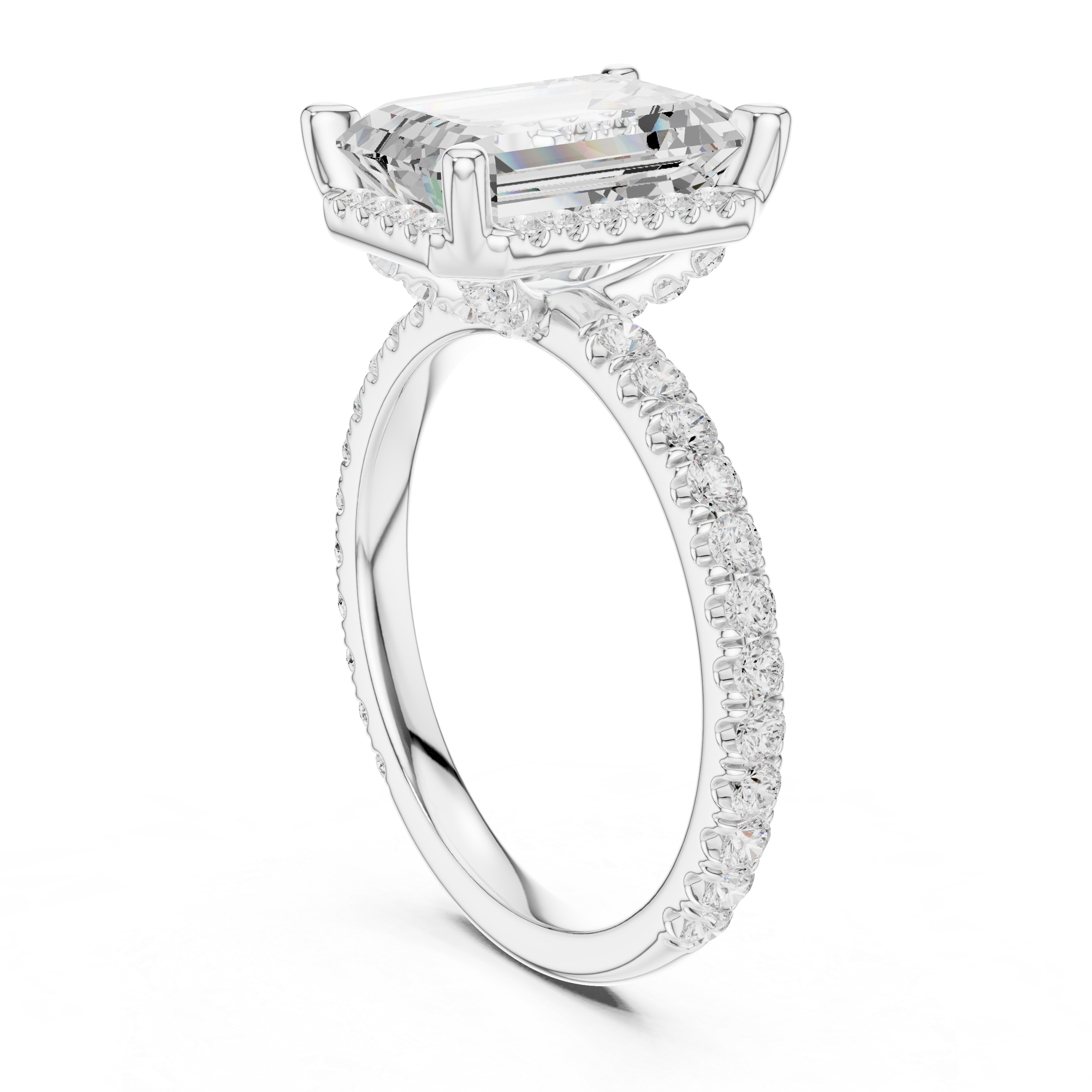 Pave Set Emerald Diamond Hidden Halo Ring
