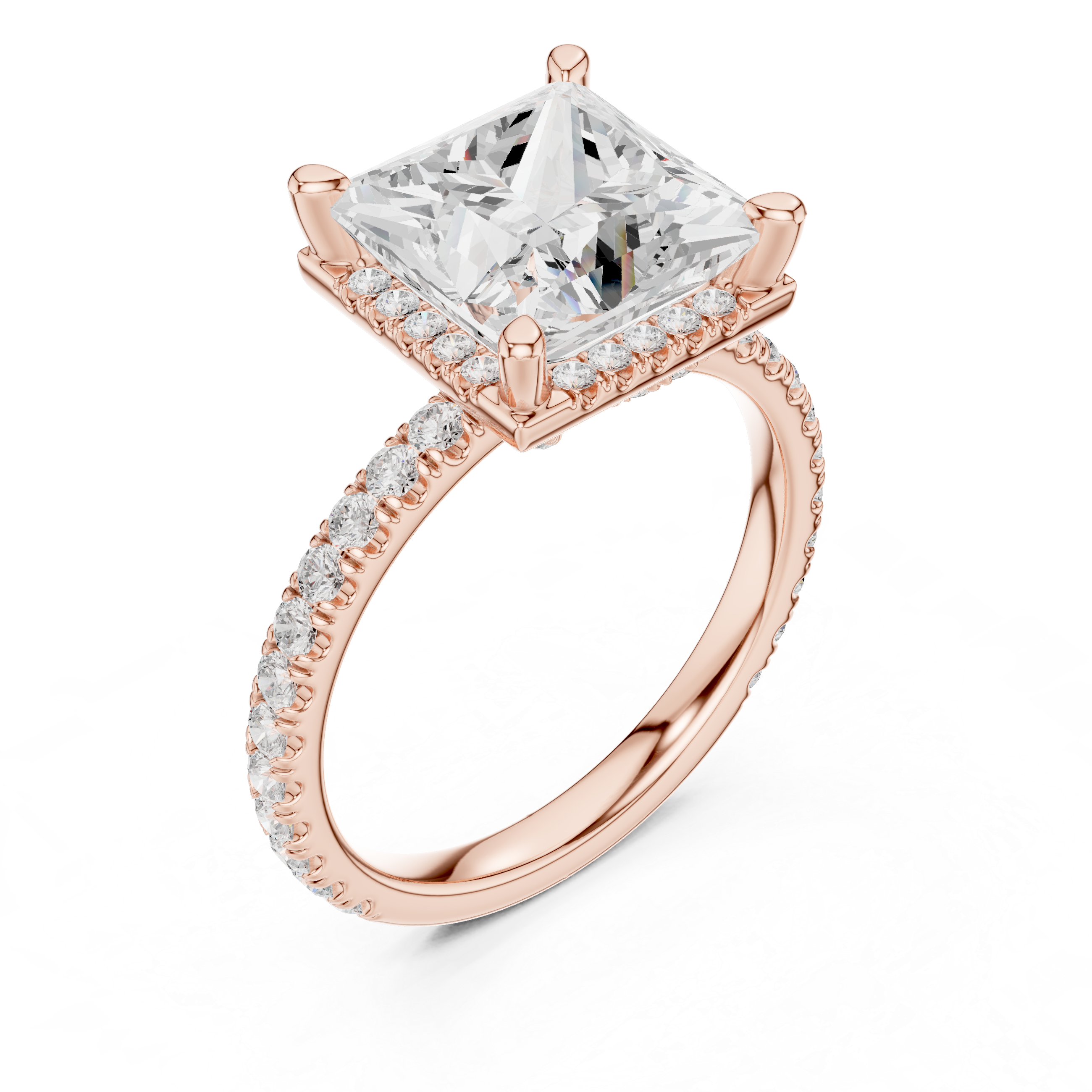 Pave Set Princess Diamond Hidden Halo Ring