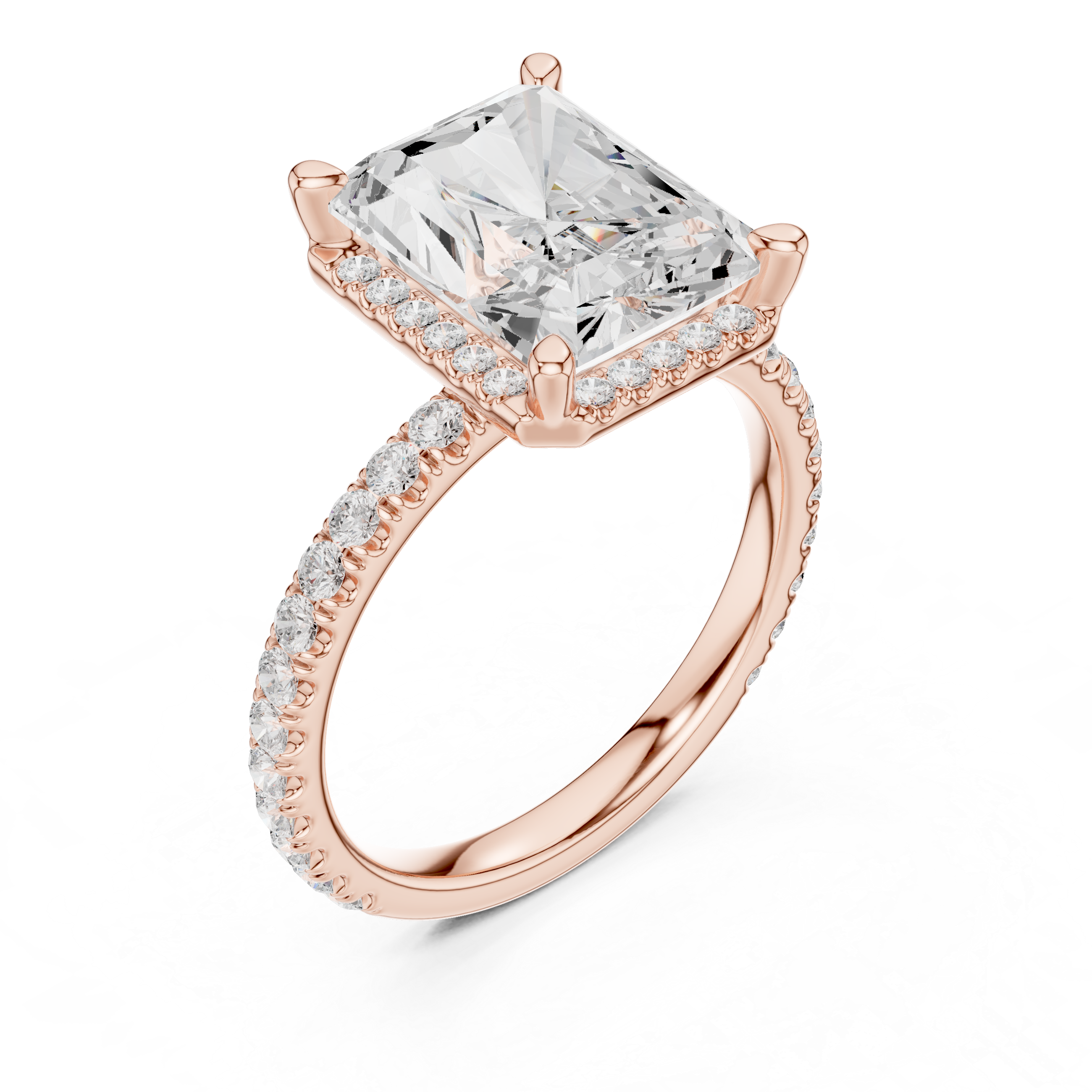 Pave Set Radiant Diamond Hidden Halo Ring