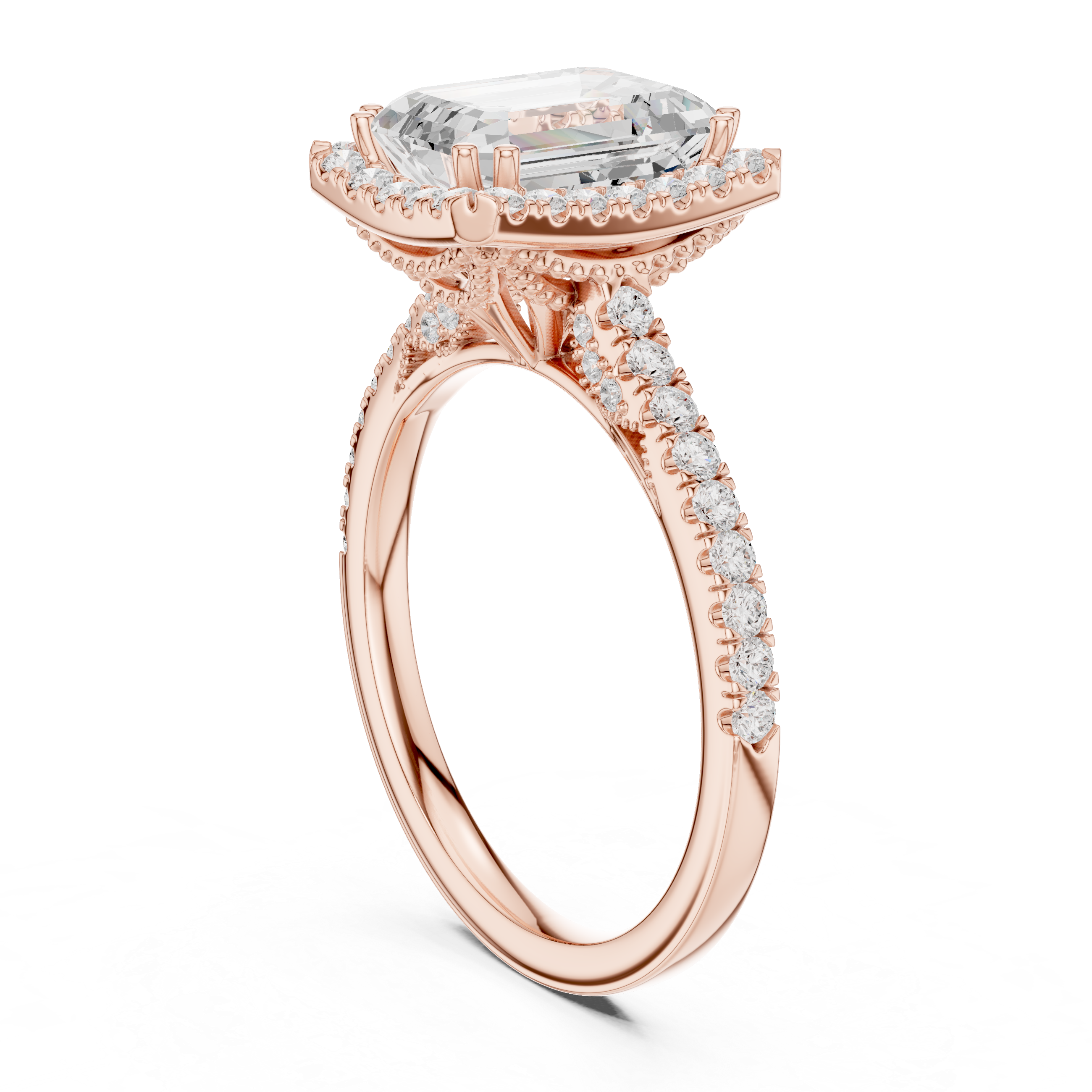 Vintage Inspired Emerald Cut Halo Wedding Ring