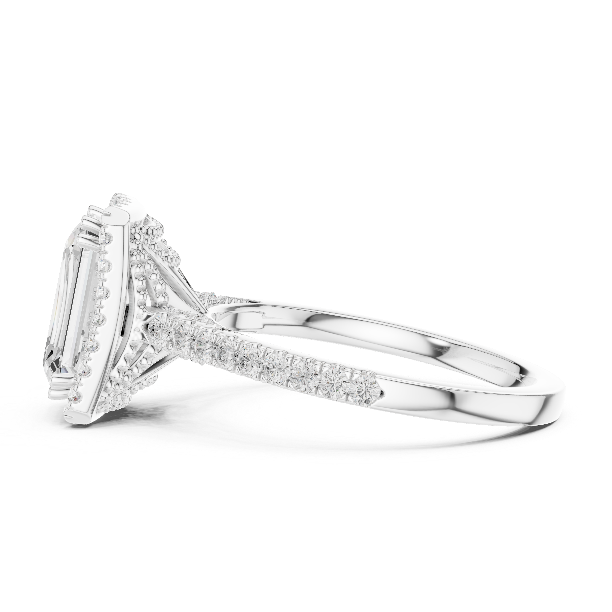 Vintage Inspired Emerald Cut Halo Wedding Ring