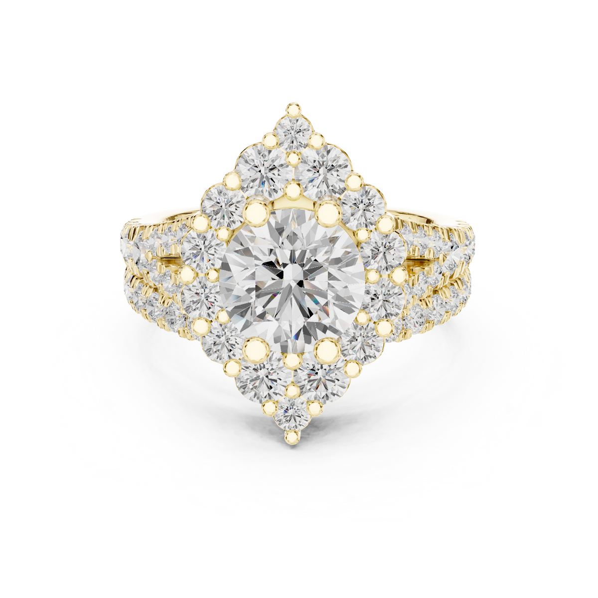 Round Cut Pave Diamond Statement Ring with Triple Row Shank