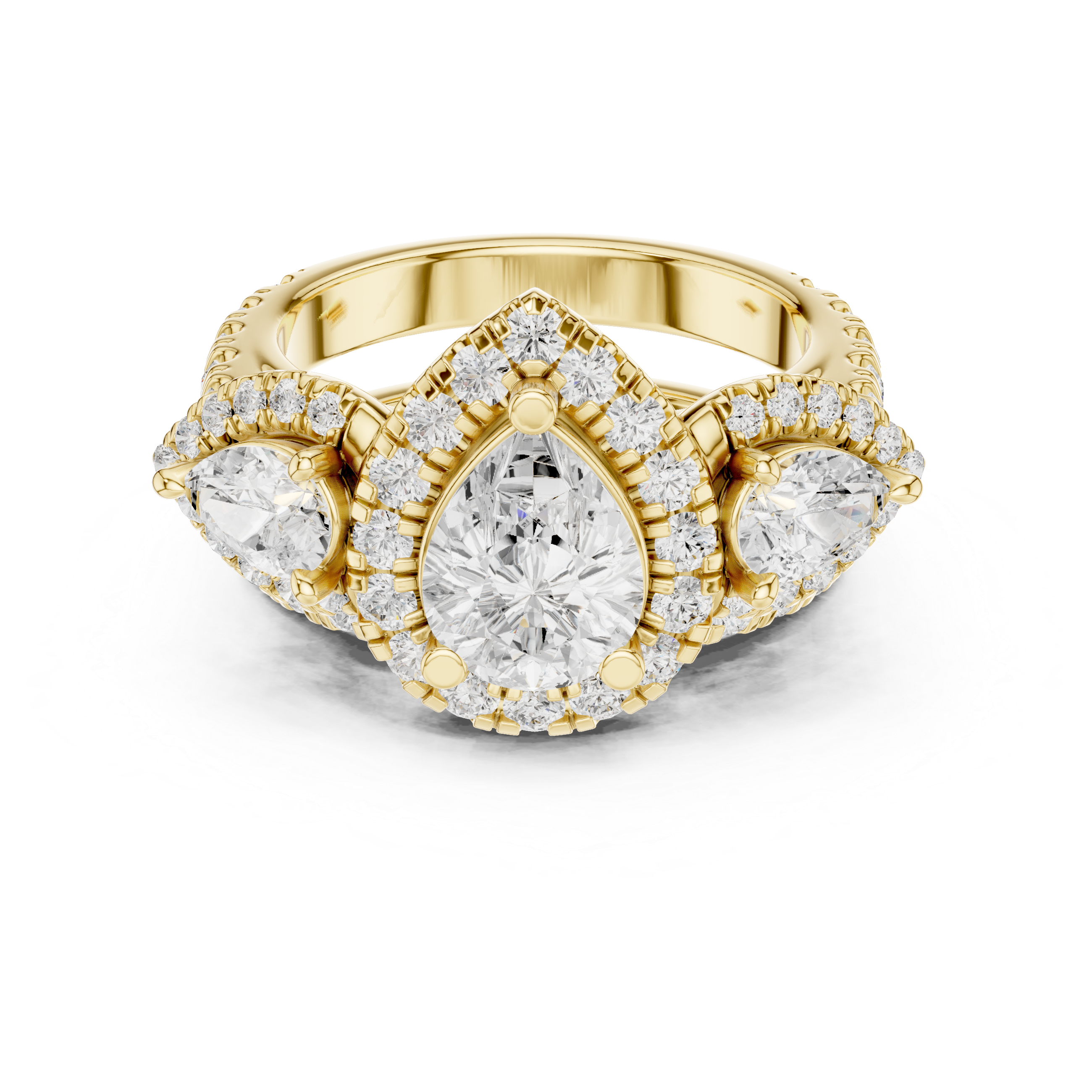 Pear Cut Three Stone Halo Diamond Bridal Ring