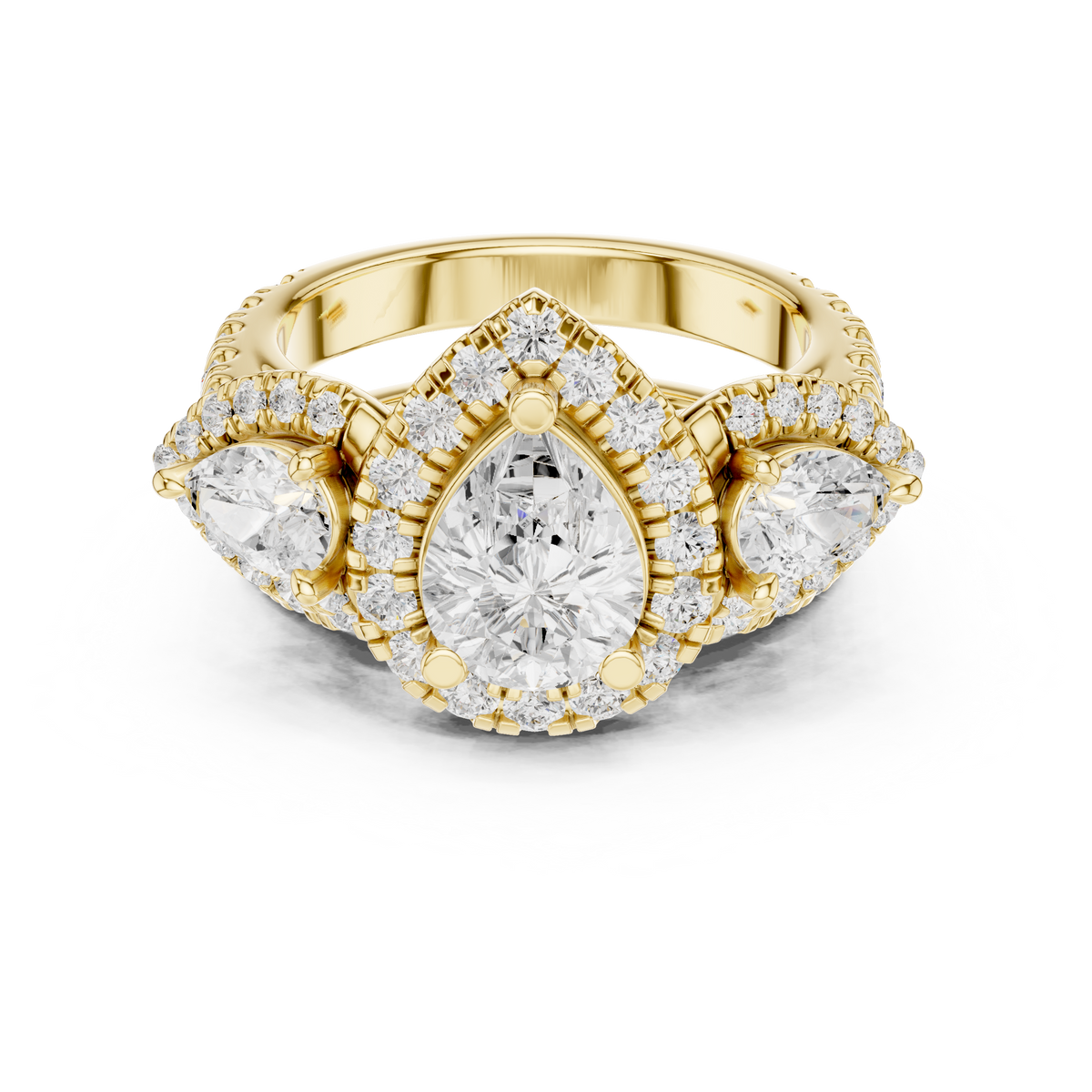 Pear Cut Three Stone Halo Diamond Bridal Ring