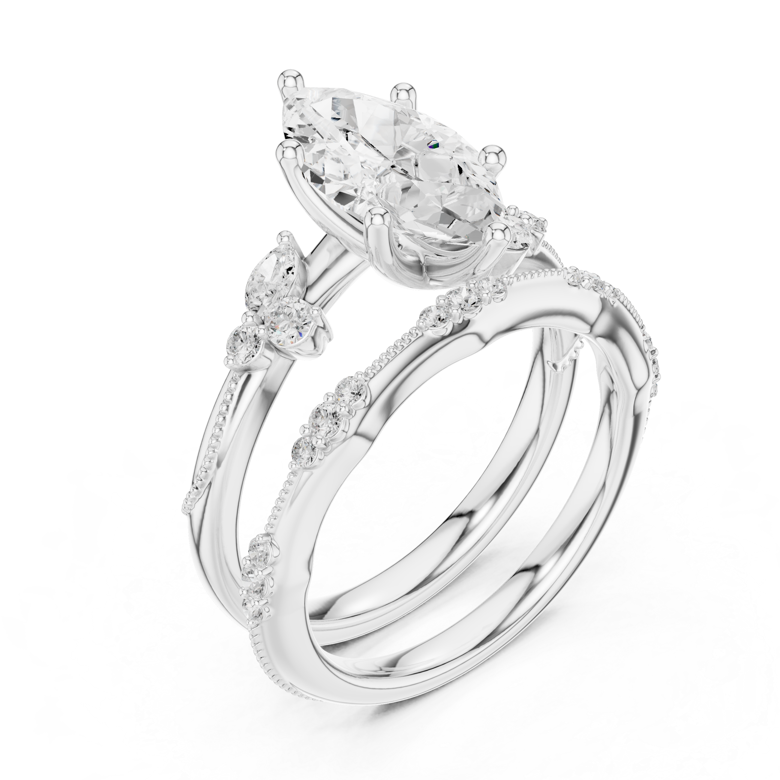 Marquise Cut Milgrain Wedding Ring Set