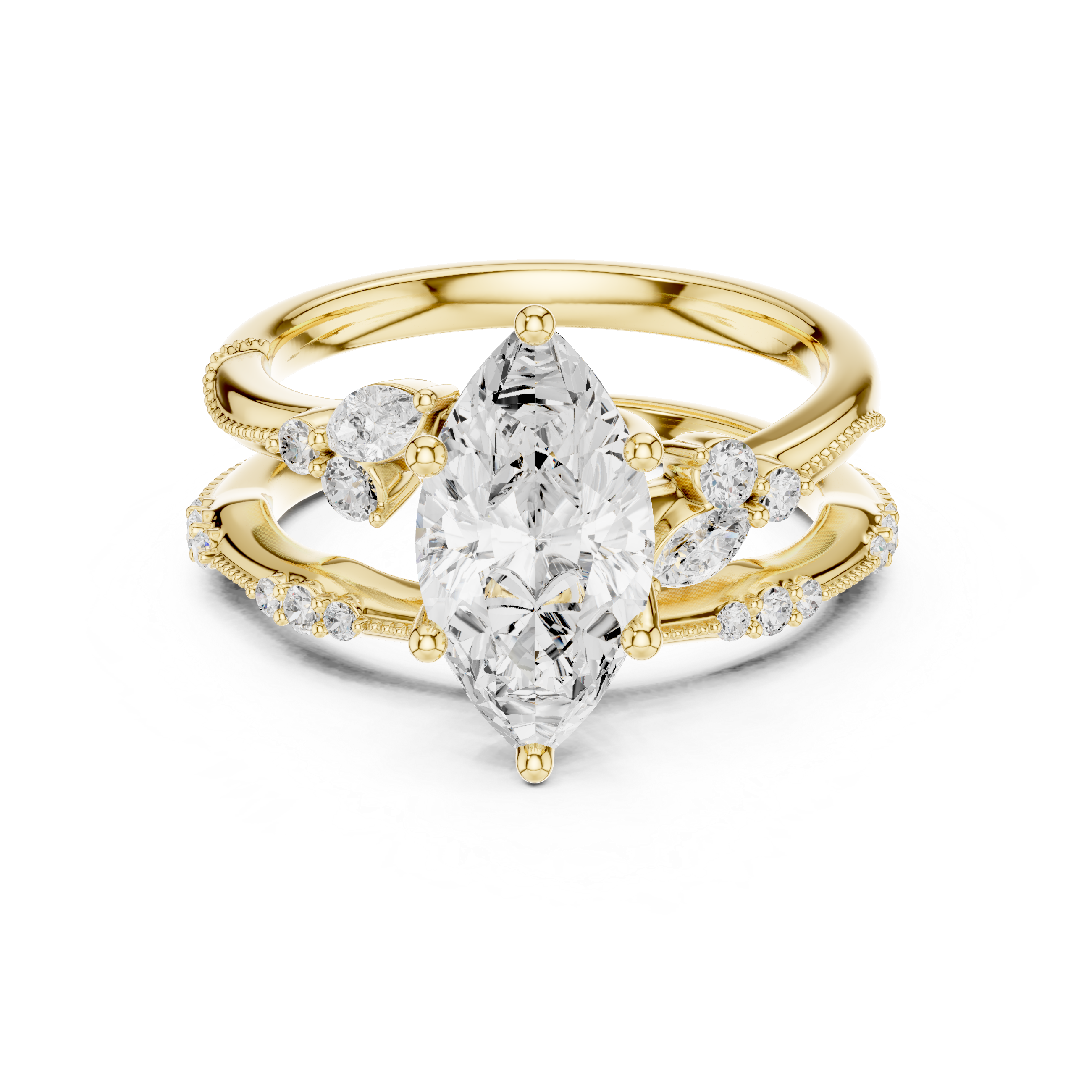 Marquise Cut Milgrain Wedding Ring Set