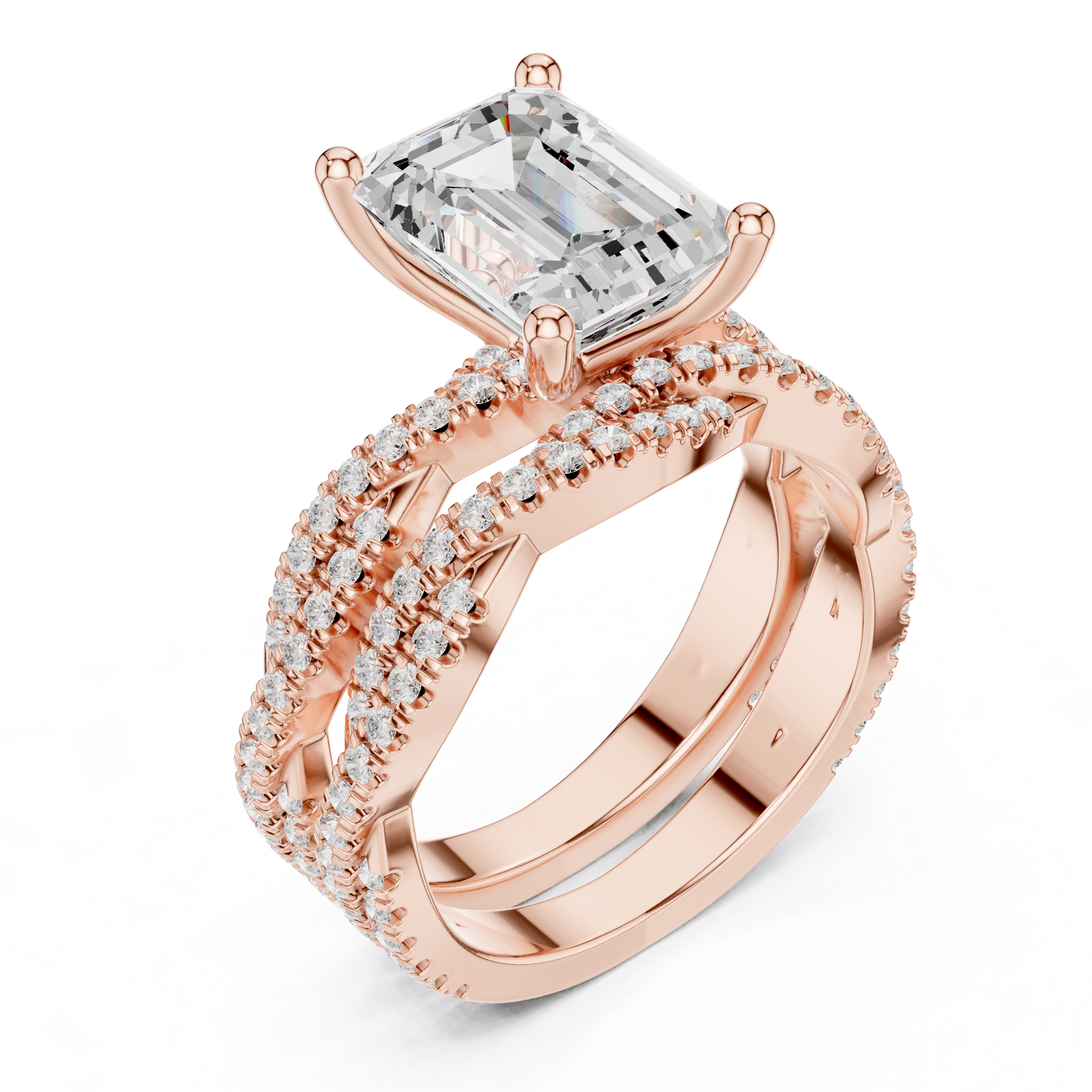 Emerald Diamond Twisted Pave Bridal Ring Set