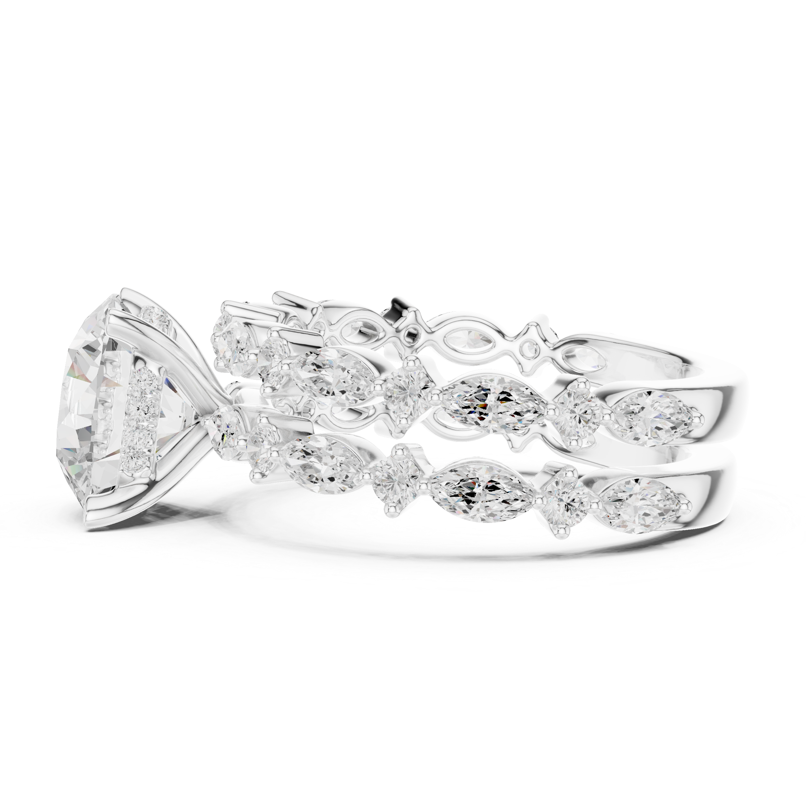 Round Diamond Double Band Marquise Accent Ring Set