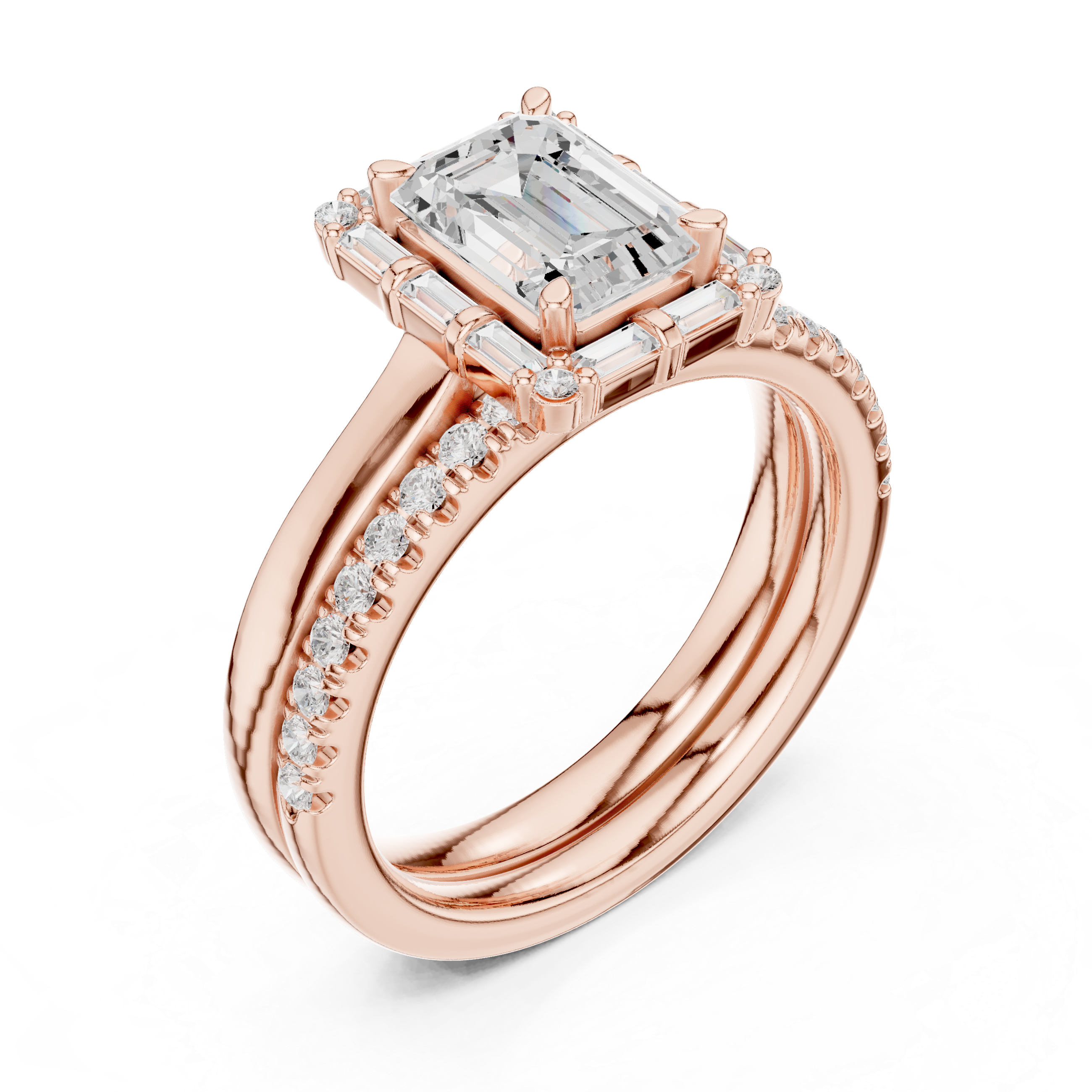 Emerald Cut Diamond Ballerina Halo Wedding Ring Set